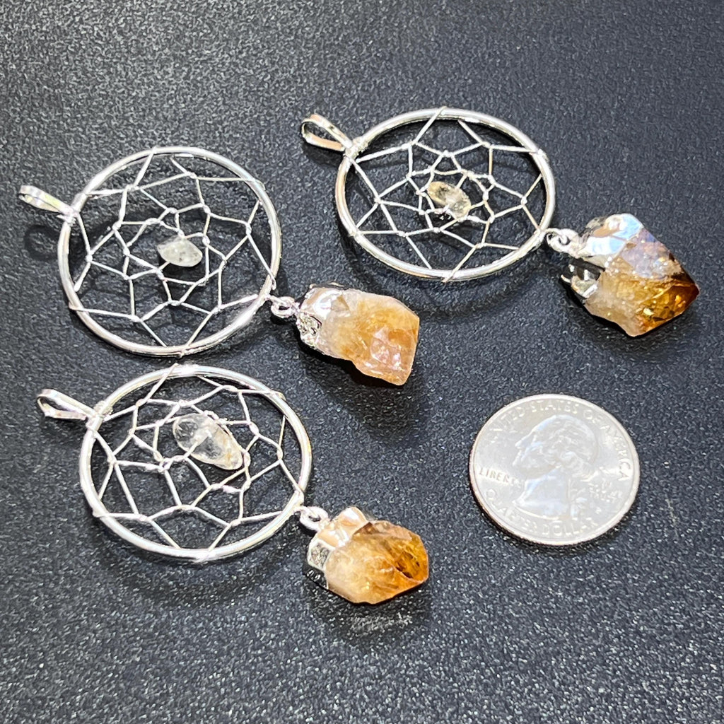 Dream Catcher Pendant with Citrine Crystal Point - Silver Plated