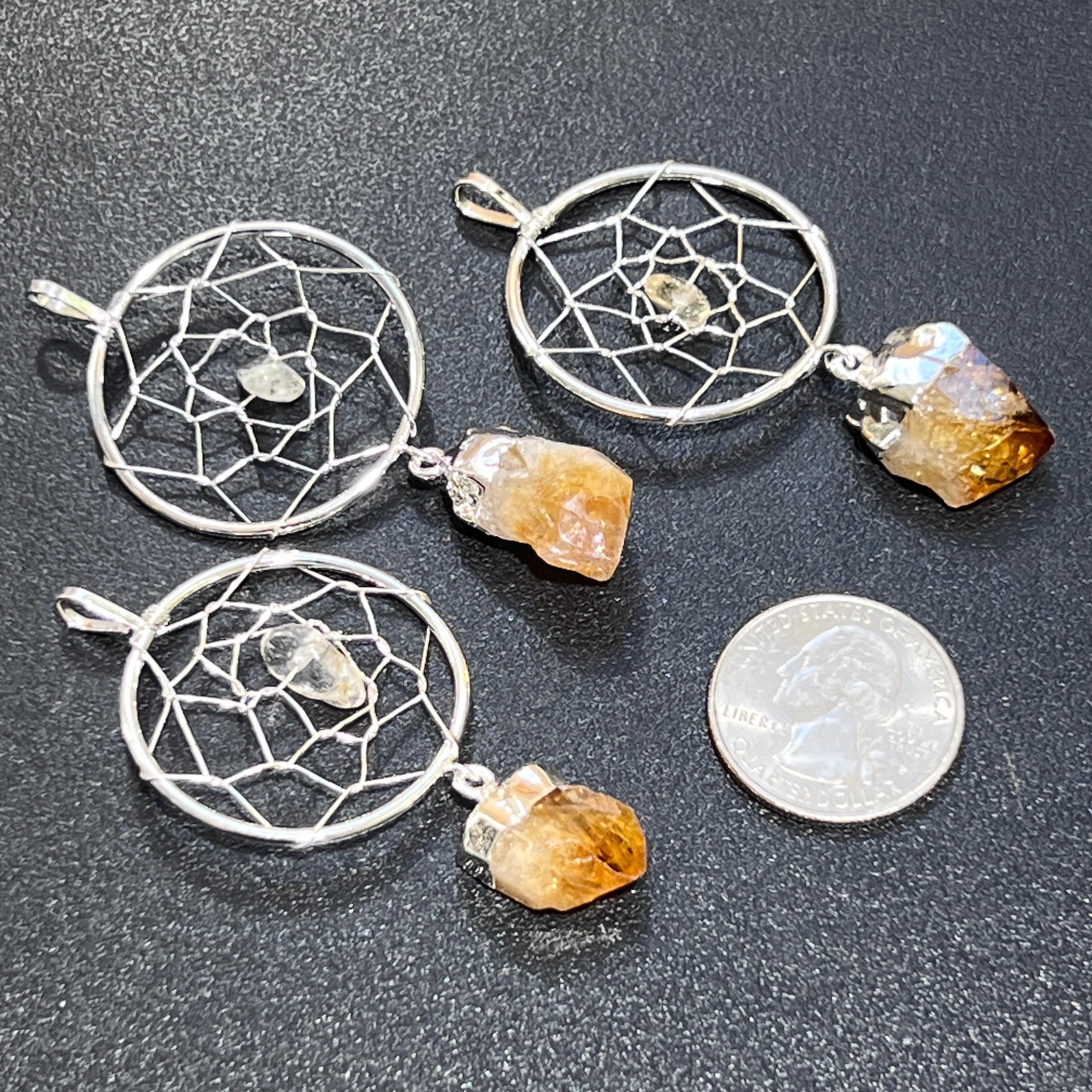 Dream Catcher Pendant with Citrine Crystal Point - Silver Plated