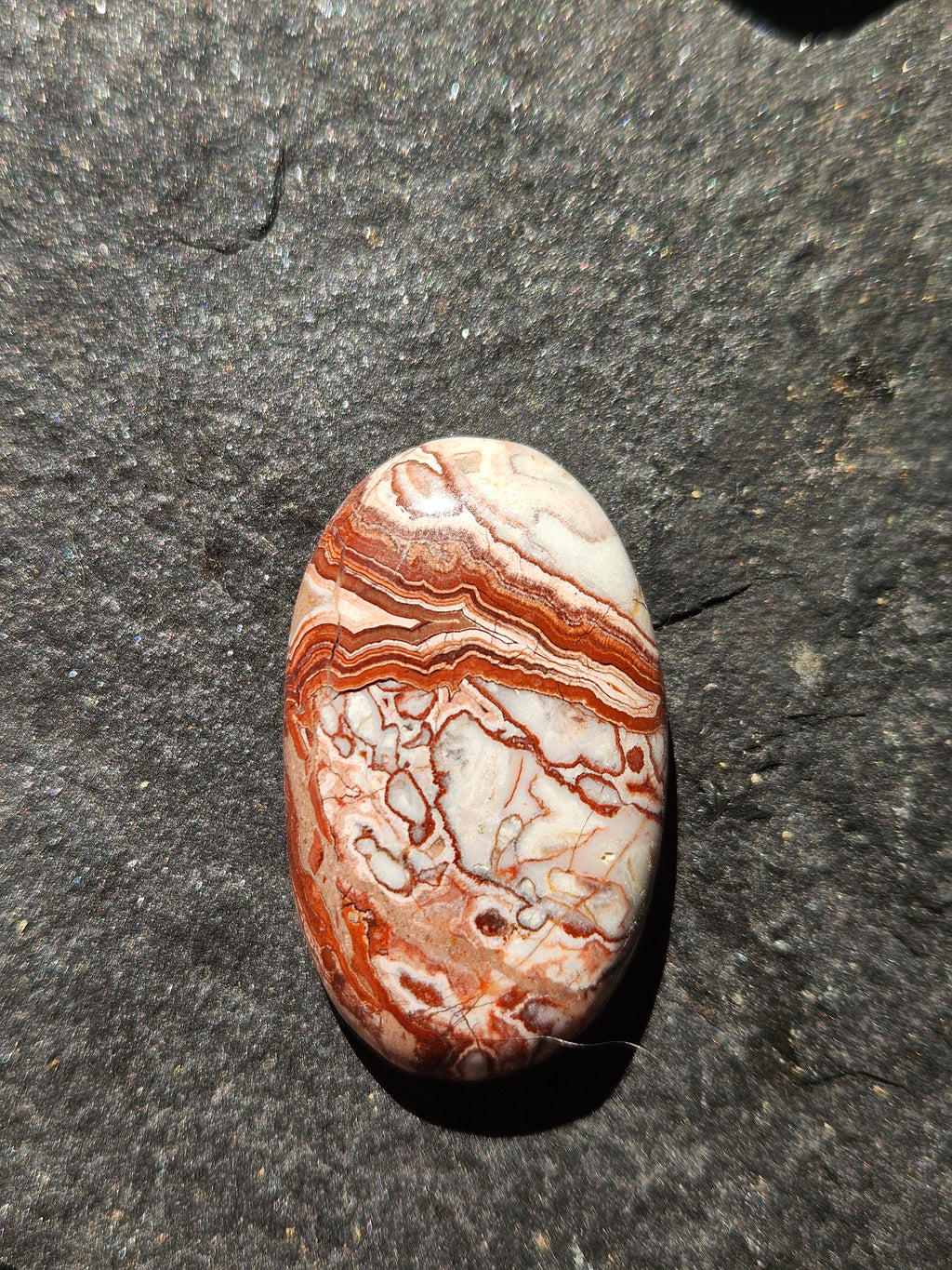 Natural Crazy Lace Agate Cabochon — 44 x 23 mm Hand Cut Long Oval, Red Lace