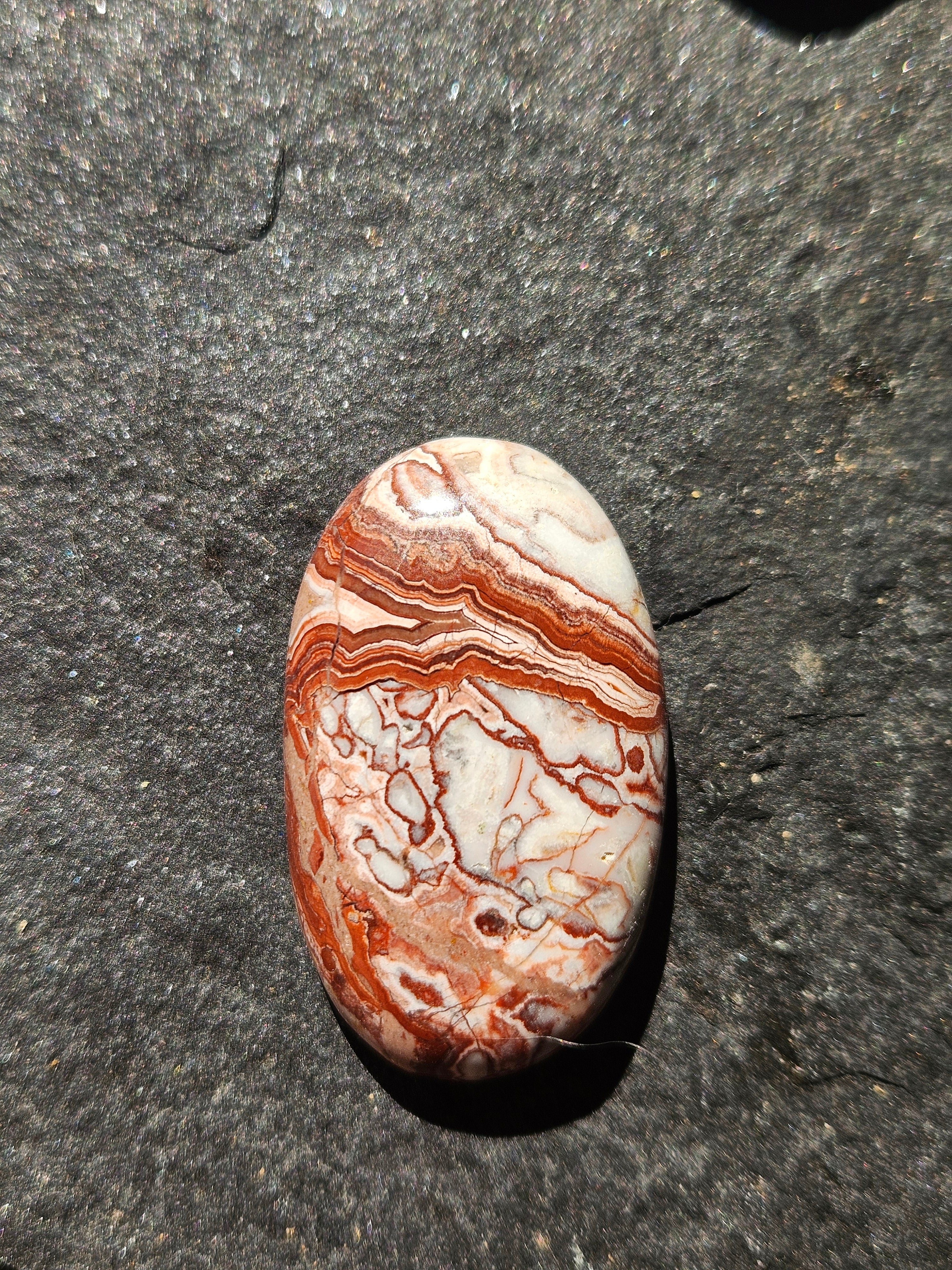 Natural Crazy Lace Agate Cabochon — 44 x 23 mm Hand Cut Long Oval, Red Lace