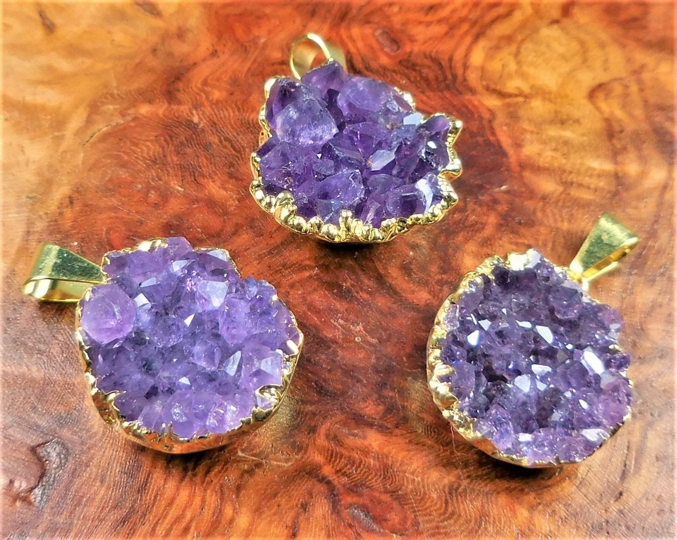 Petite Druzy Amethyst Crystal Cluster Necklace Pendant - Gold Plated Edges