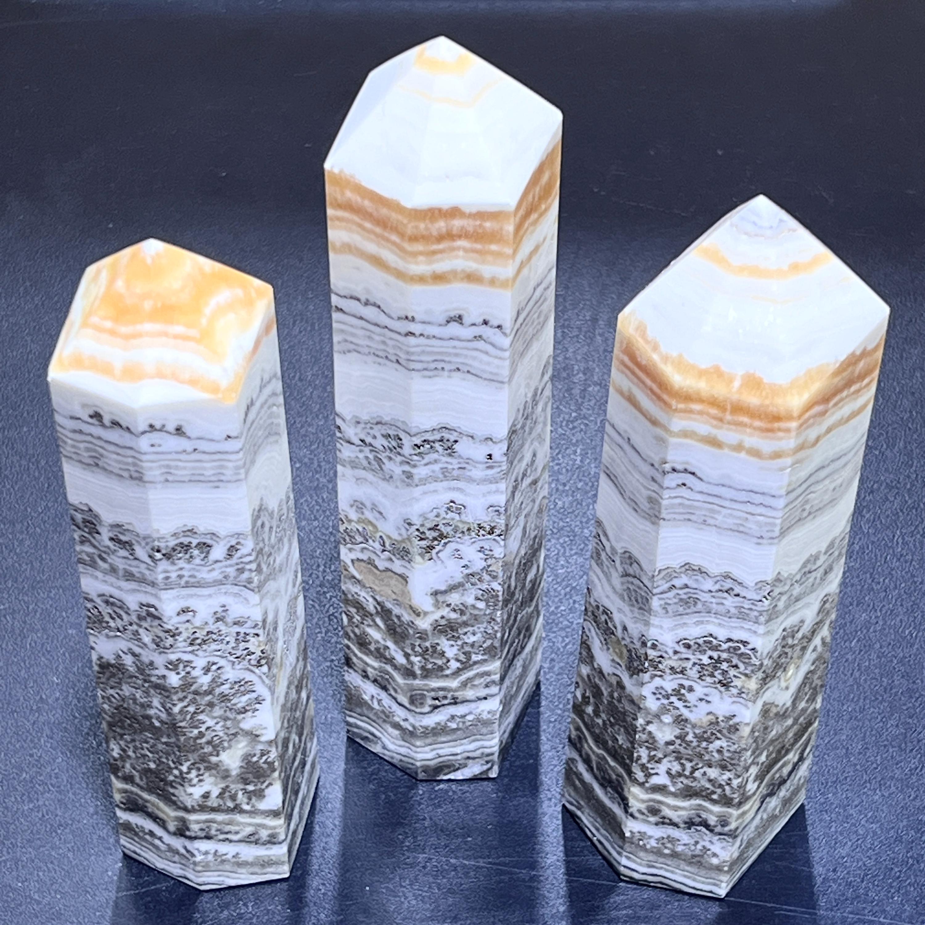 Large Orange & White Banded Calcite Standing Point Tower Obelisk
