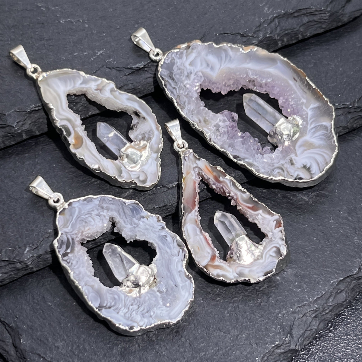 Oco Geode Pendant with Quartz Point - Silver Plated