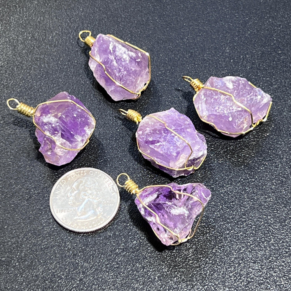 Rough Amethyst Crystal Pendant - Gold Plated Wire Wrapped