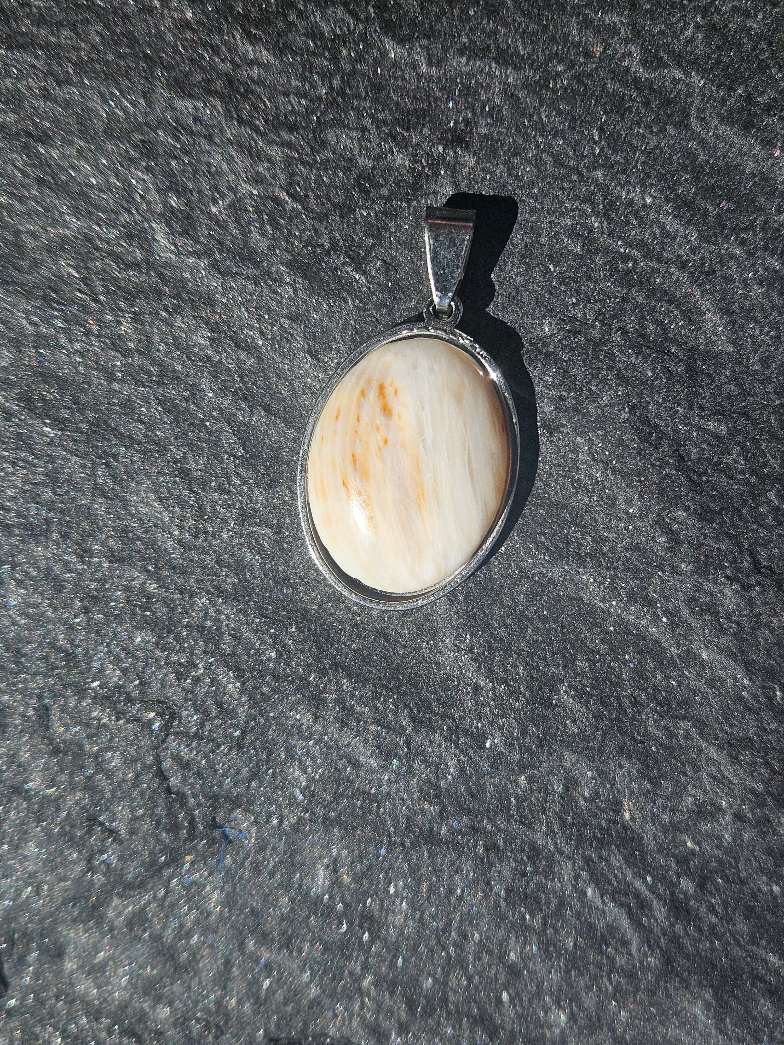 Genuine Scolecite Oval Pendant Stainless Steel Necklace