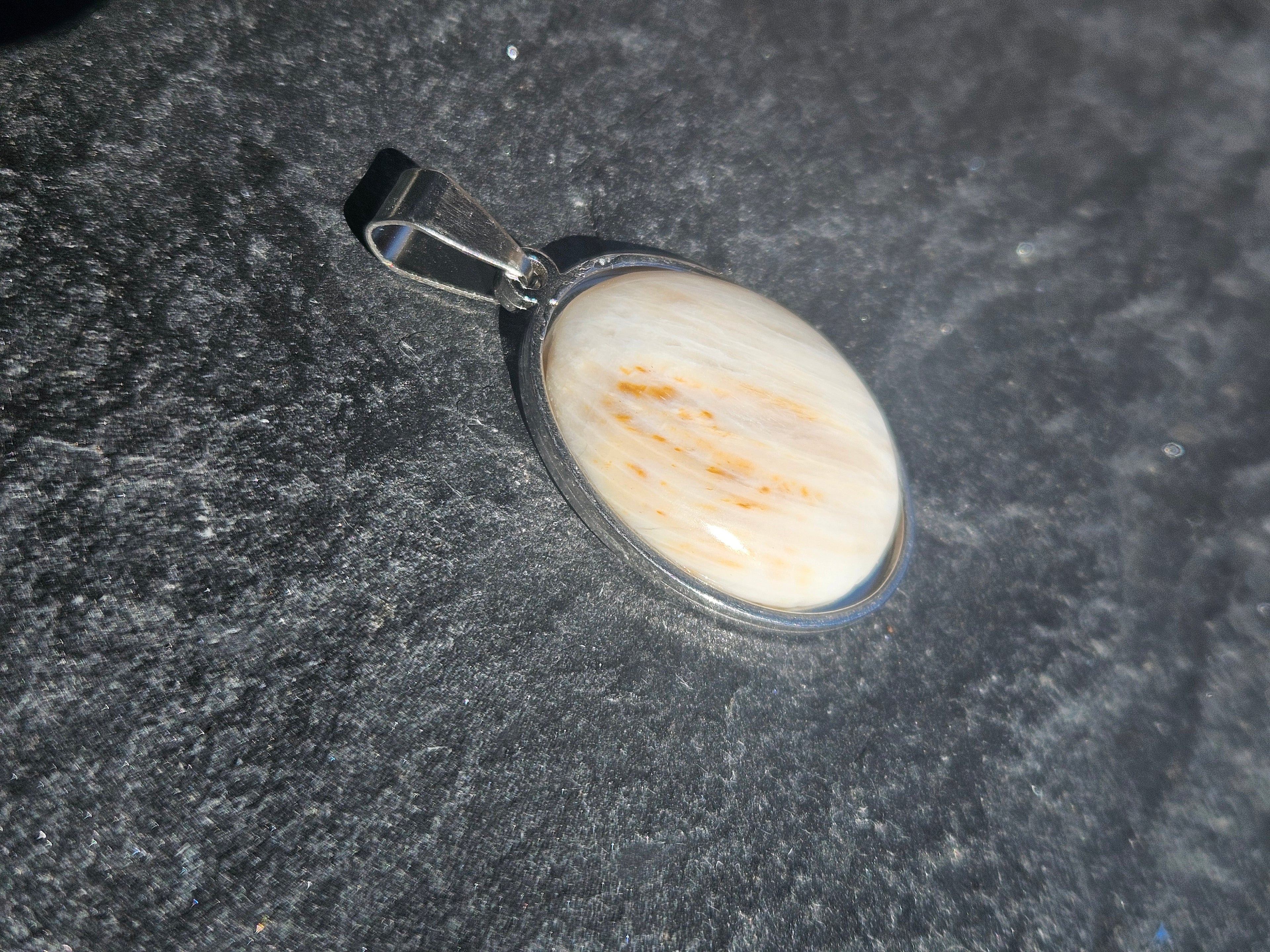 Genuine Scolecite Oval Pendant Stainless Steel Necklace