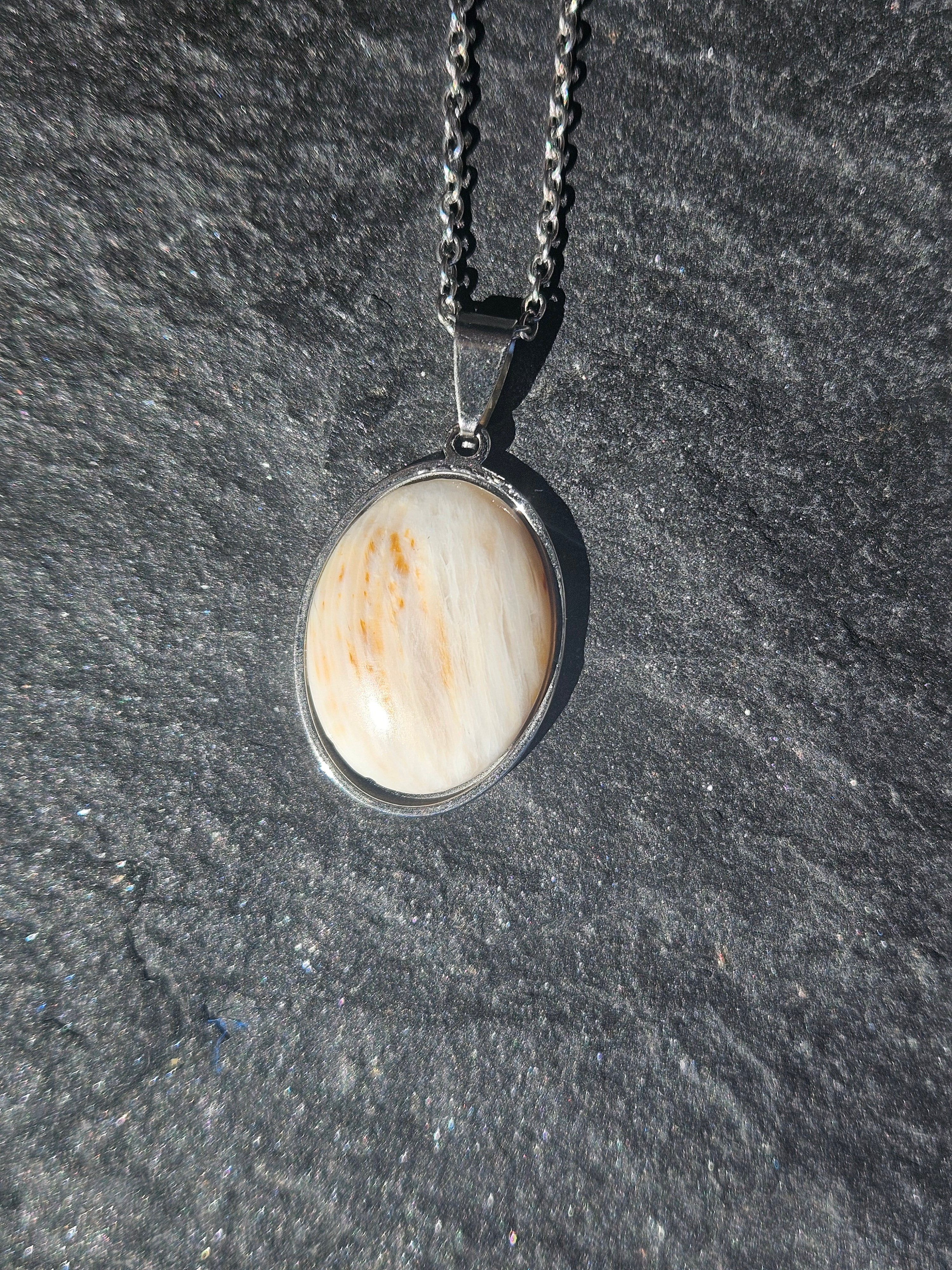 Genuine Scolecite Oval Pendant Stainless Steel Necklace