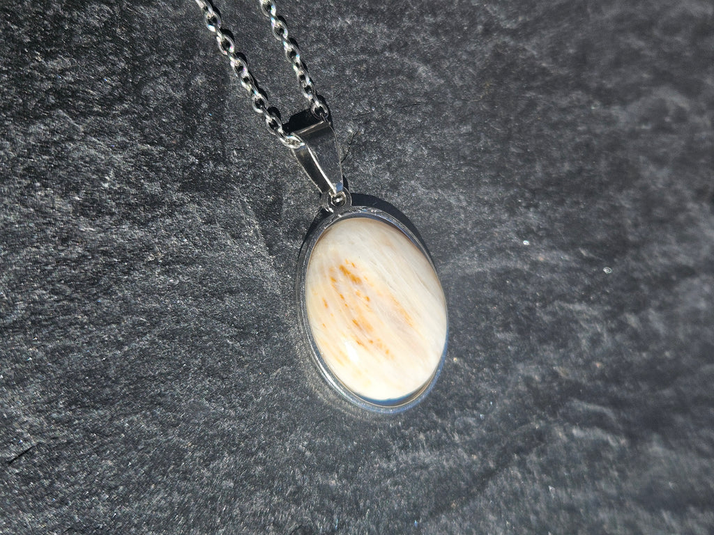 Genuine Scolecite Oval Pendant Stainless Steel Necklace