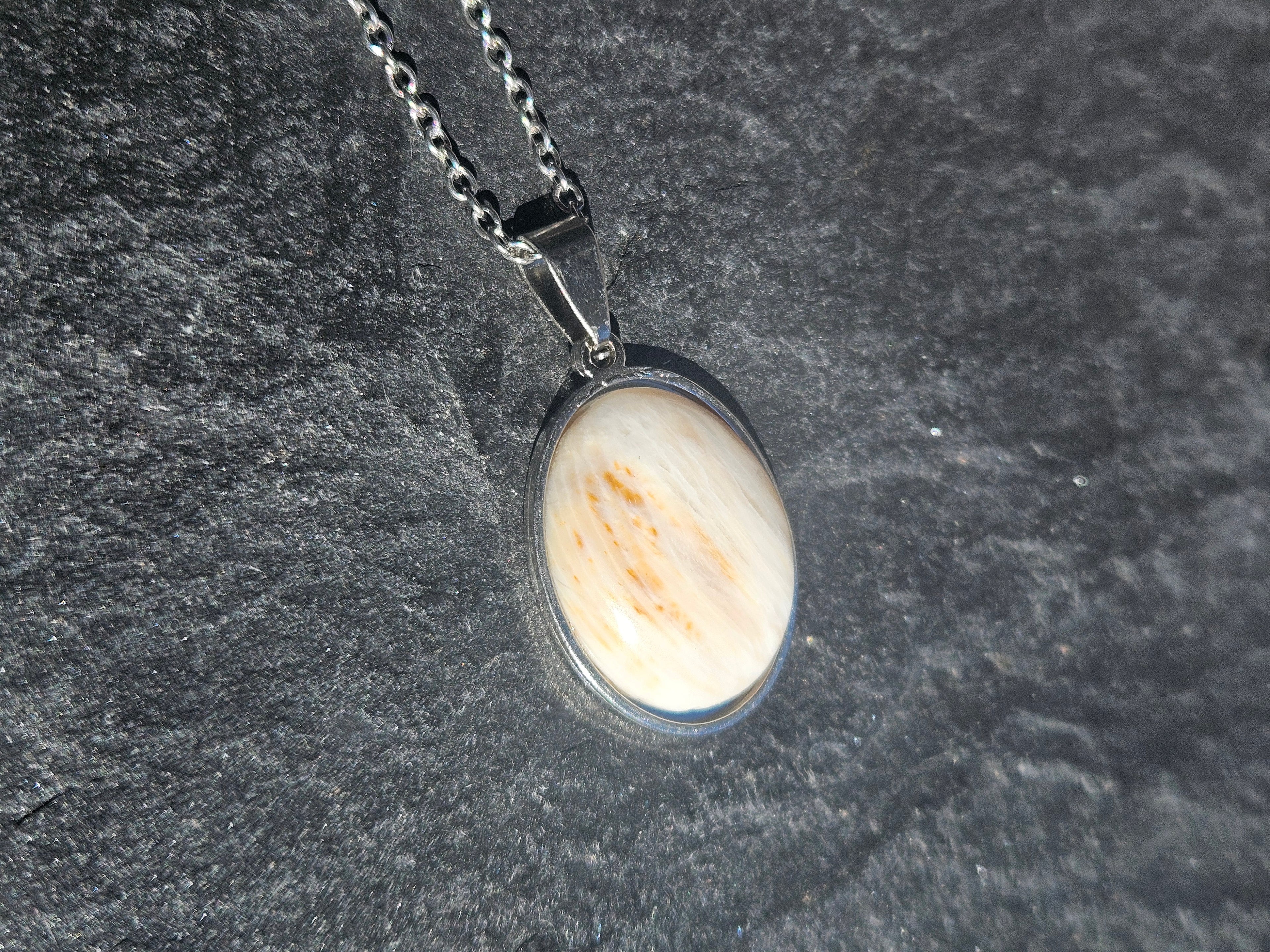 Genuine Scolecite Oval Pendant Stainless Steel Necklace