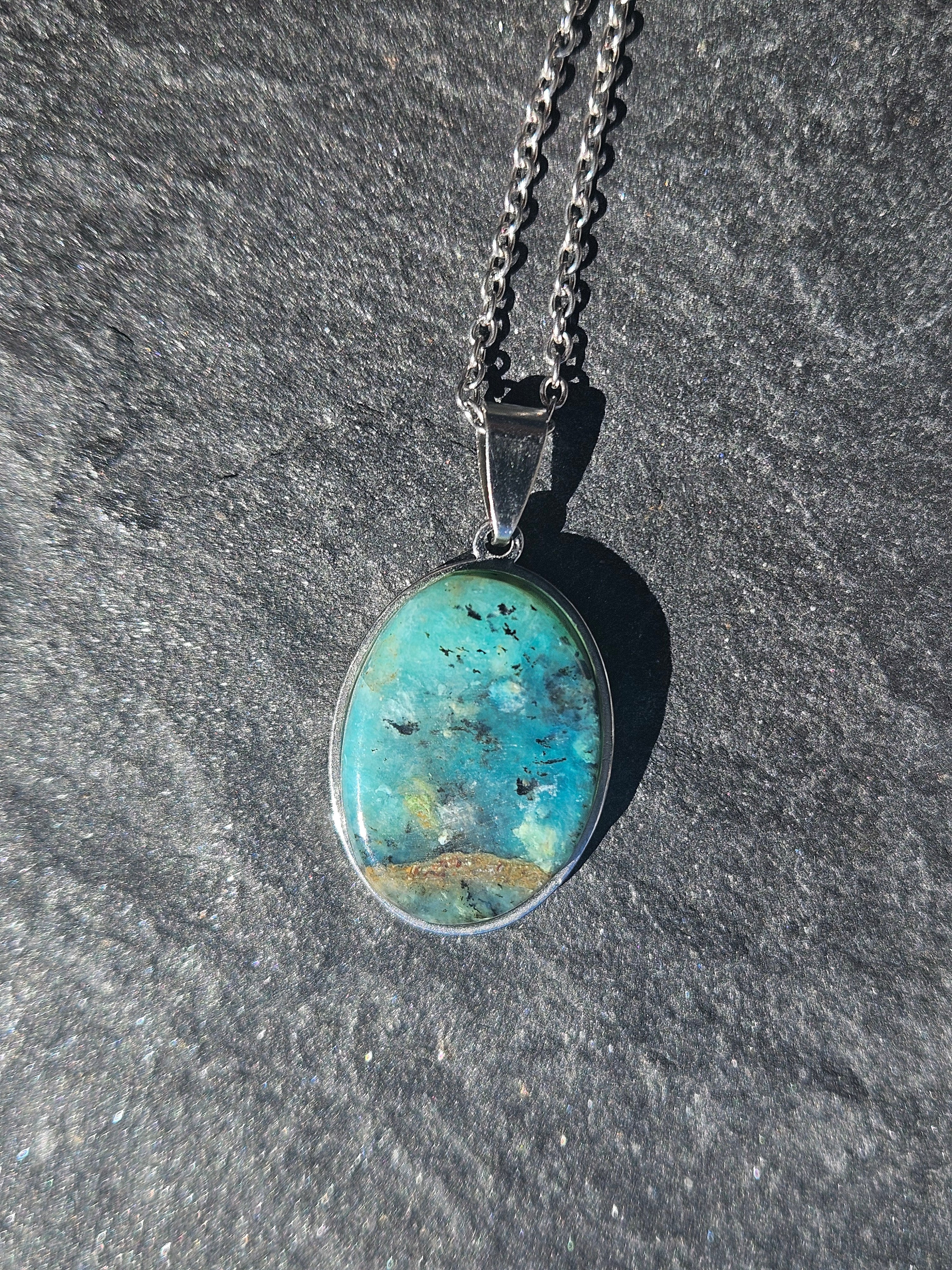 Natural Chrysocolla Oval Pendant Stainless Steel Necklace