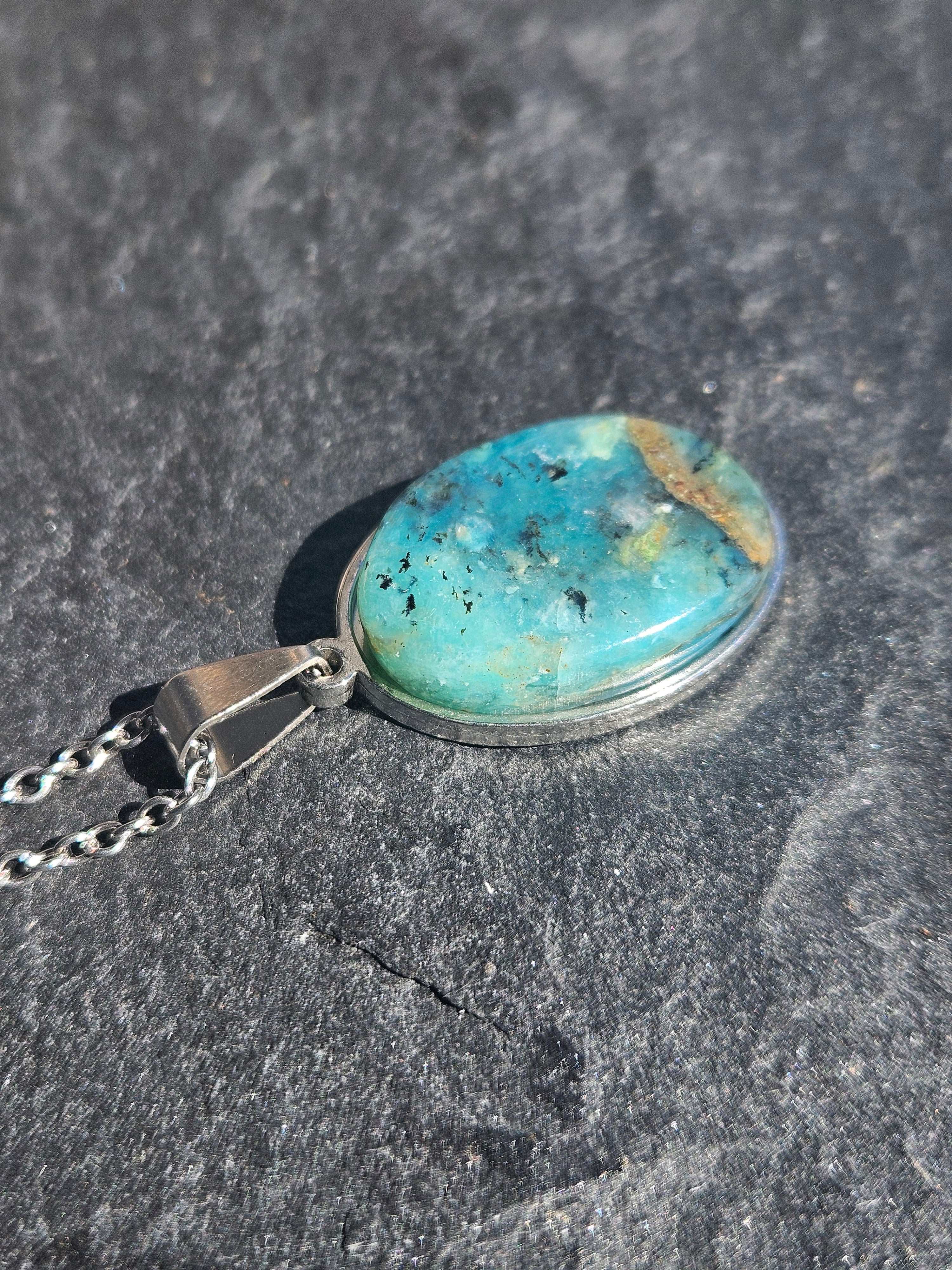 Natural Chrysocolla Oval Pendant Stainless Steel Necklace