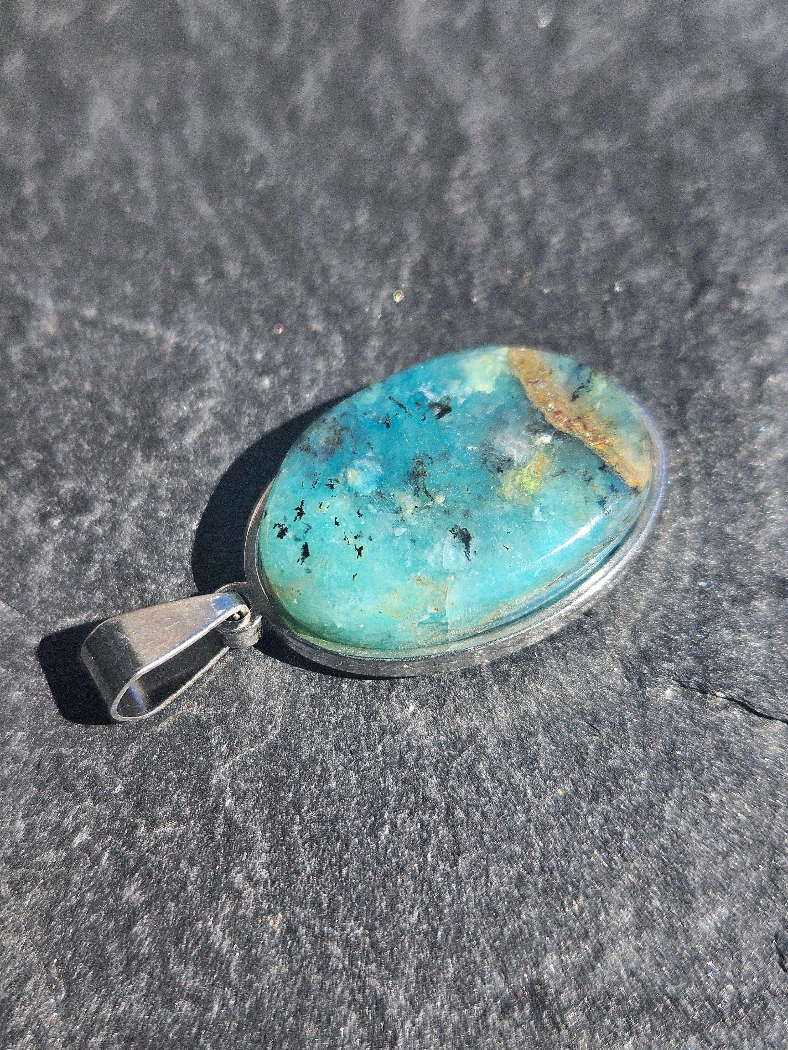 Natural Chrysocolla Oval Pendant Stainless Steel Necklace