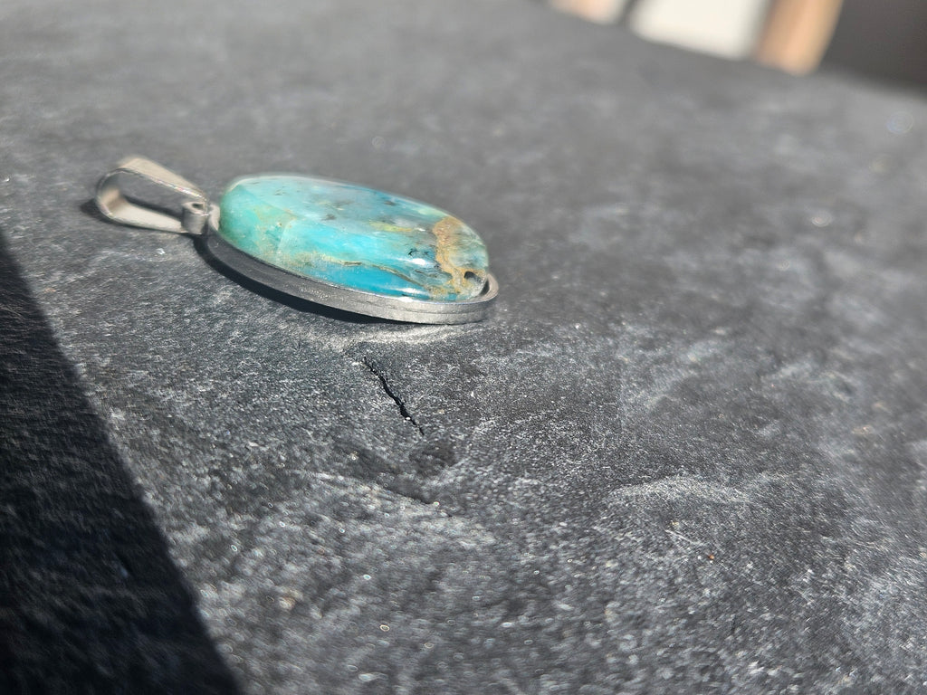 Natural Chrysocolla Oval Pendant Stainless Steel Necklace