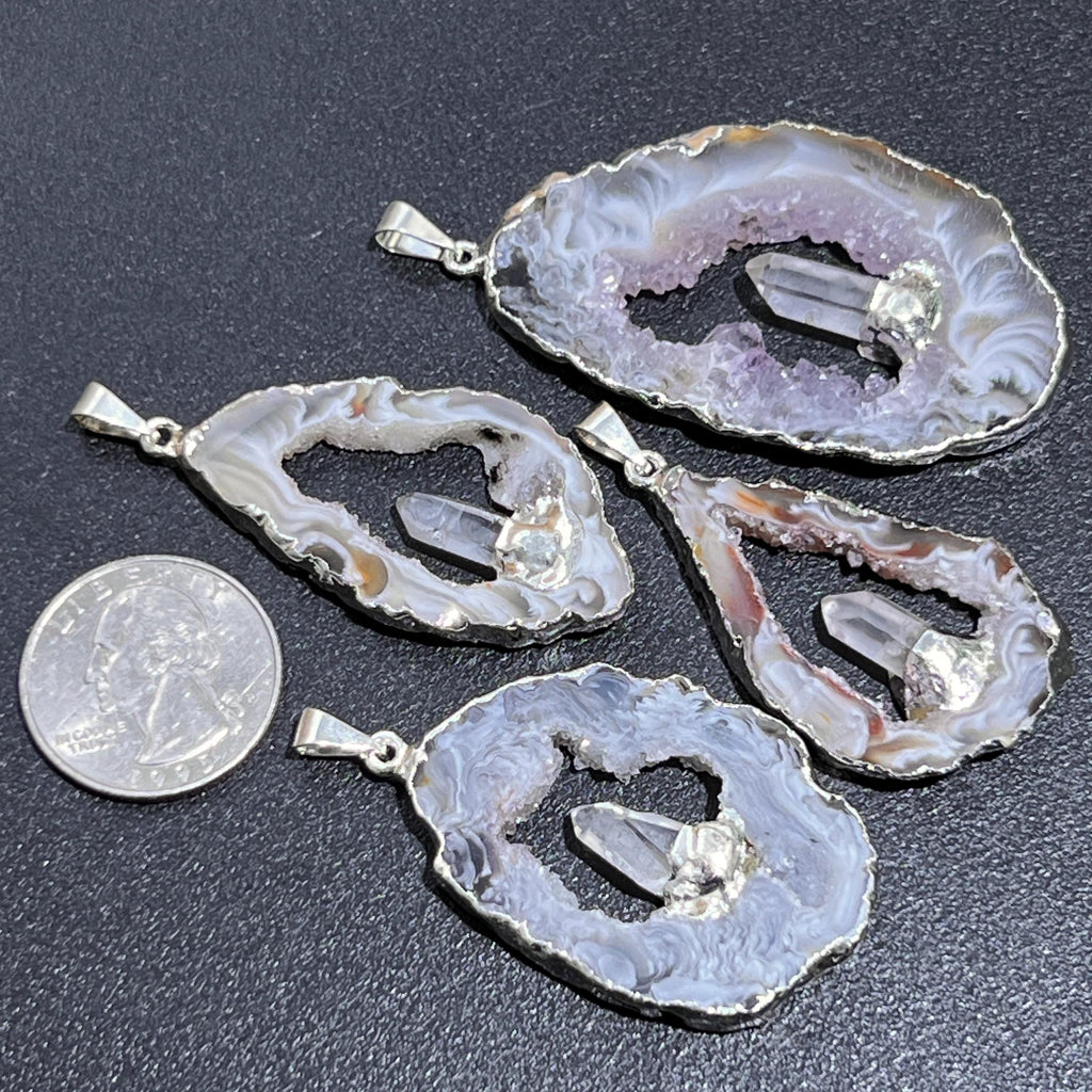 Oco Geode Pendant with Quartz Point - Silver Plated