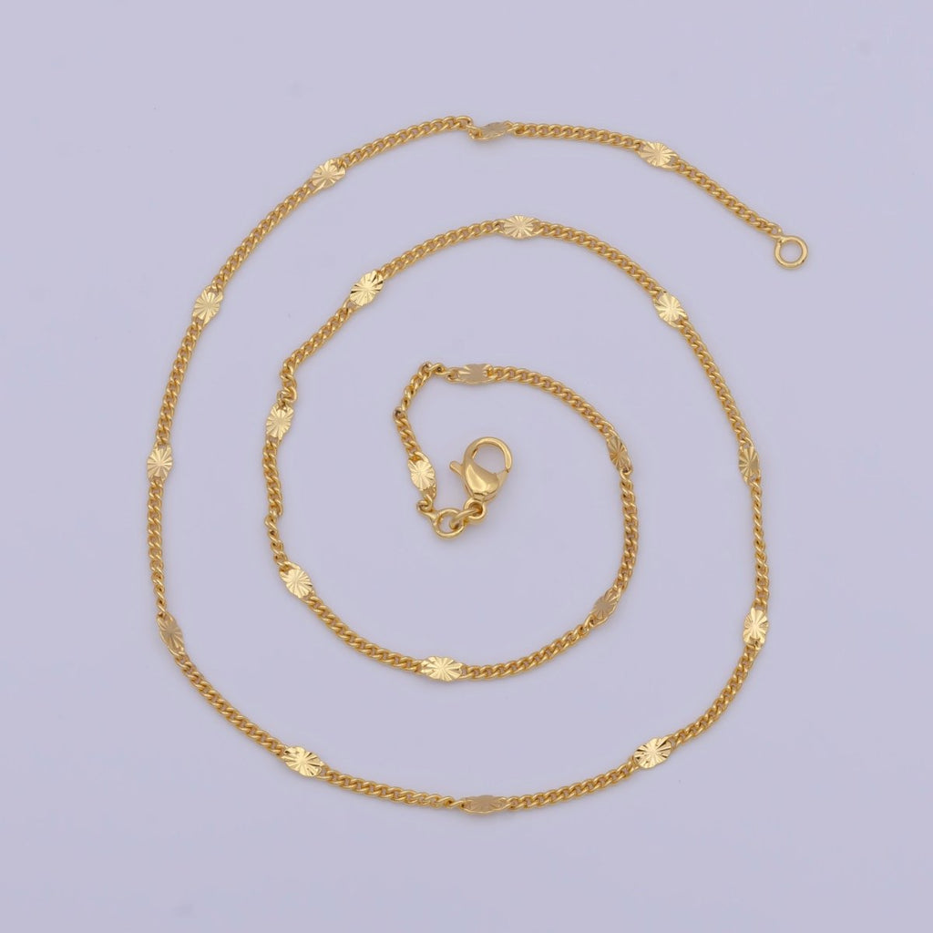 Sunburst Satellite Curb Chain Necklace, 24K Gold Filled 18 Inch