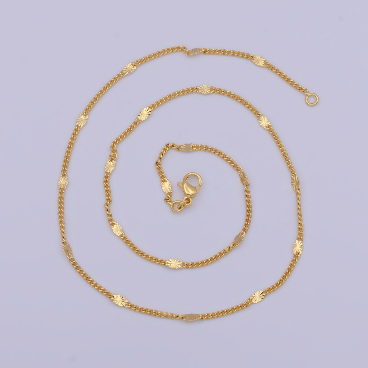 Sunburst Satellite Curb Chain Necklace, 24K Gold Filled 18 Inch