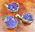 Petite Druzy Amethyst Crystal Cluster Necklace Pendant - Gold Plated Edges