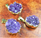 Petite Druzy Amethyst Crystal Cluster Necklace Pendant - Gold Plated Edges