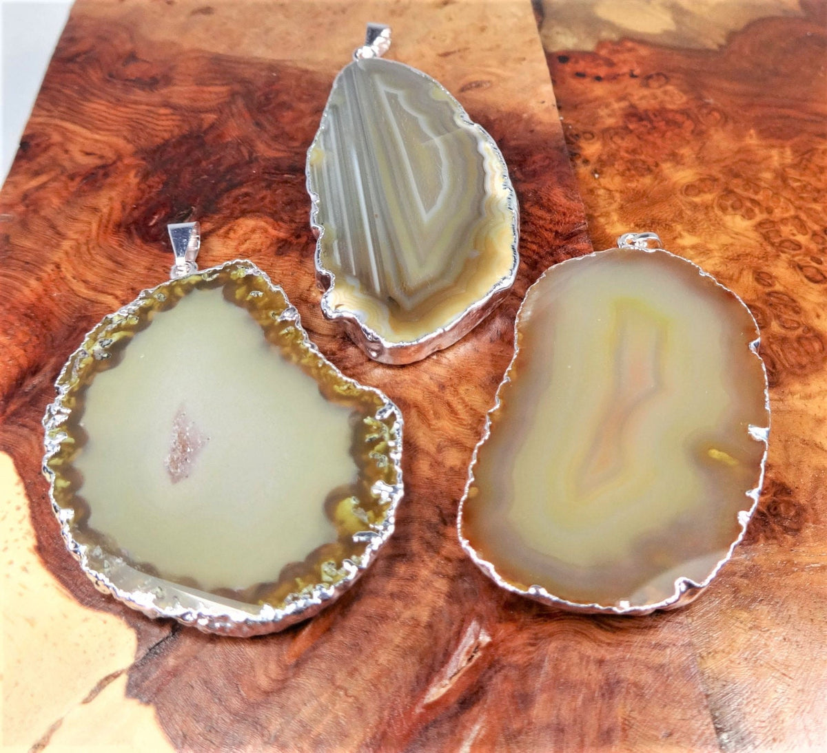 Brown Agate Slice Pendant - Silver Plated Edge