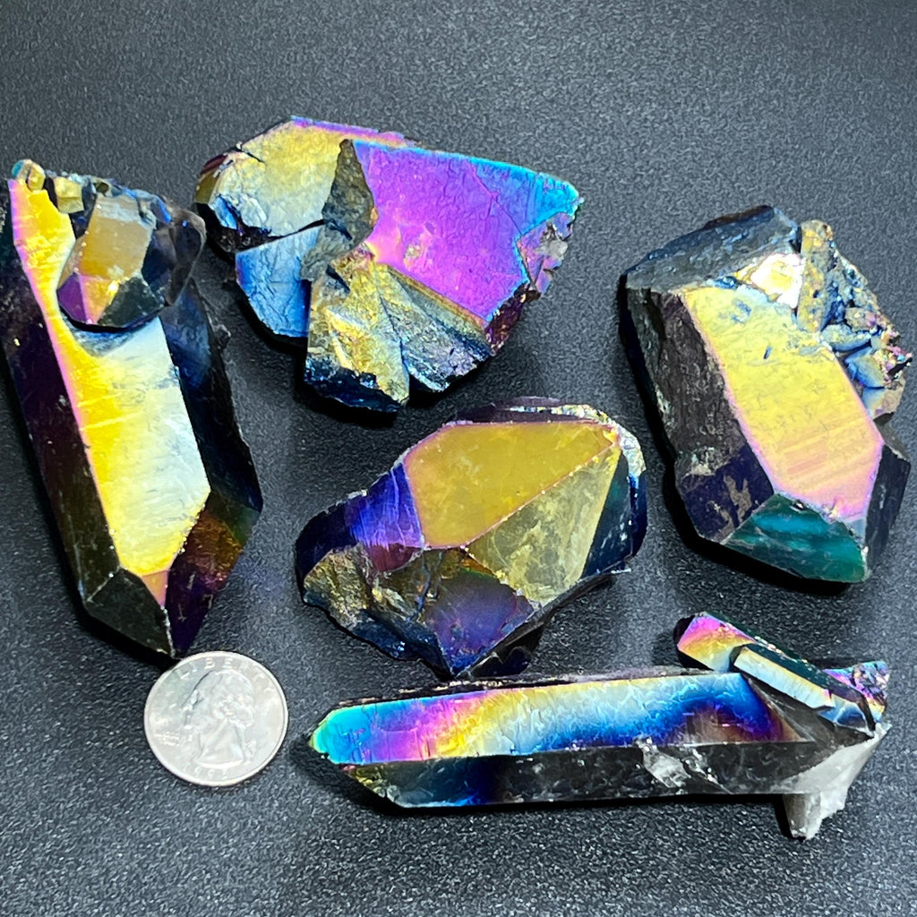 Titanium Aura Quartz Clusters & Points, Rainbow Coated Crystal - Brazil