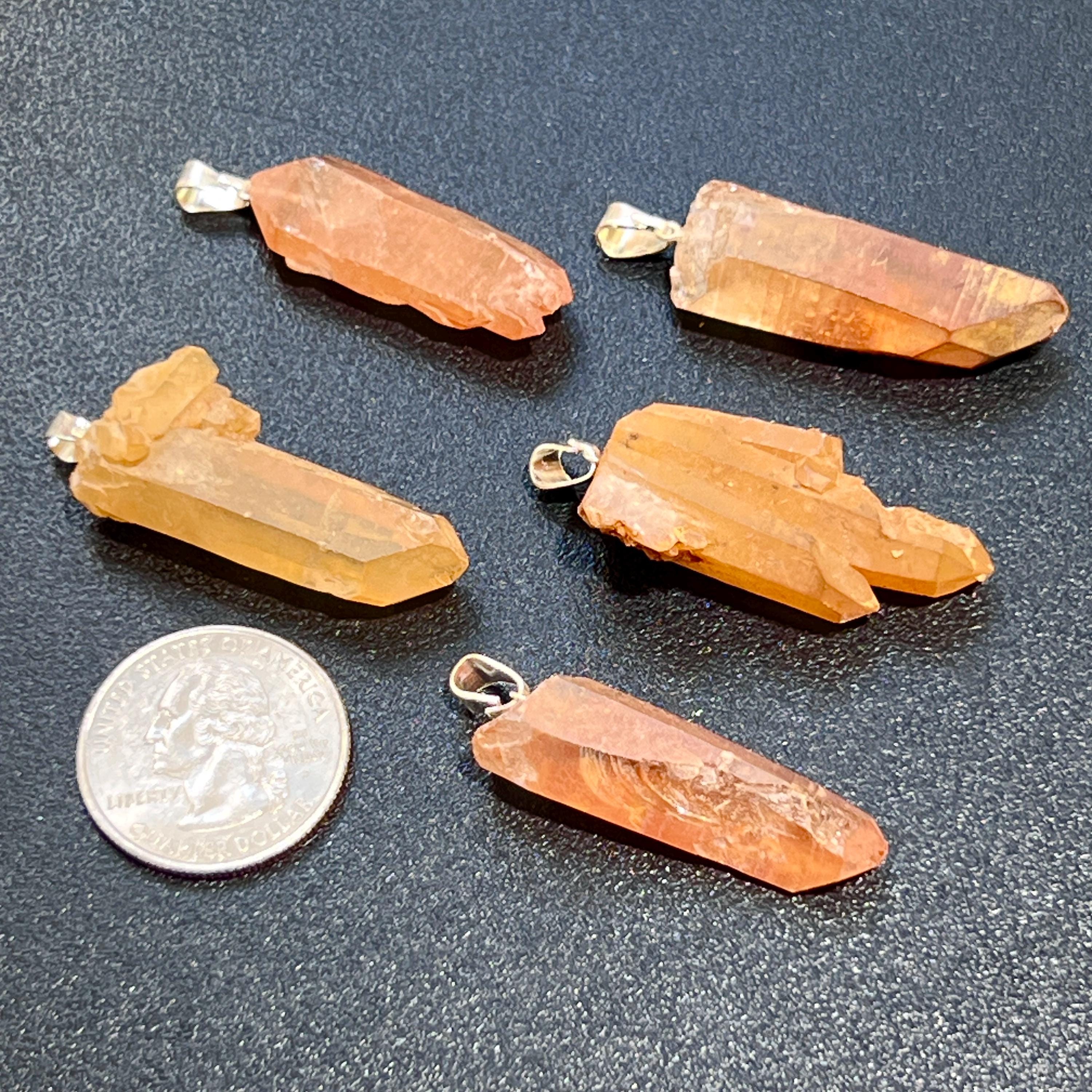 Tangerine Quartz Crystal Point Pendant - Silver Plated Bail