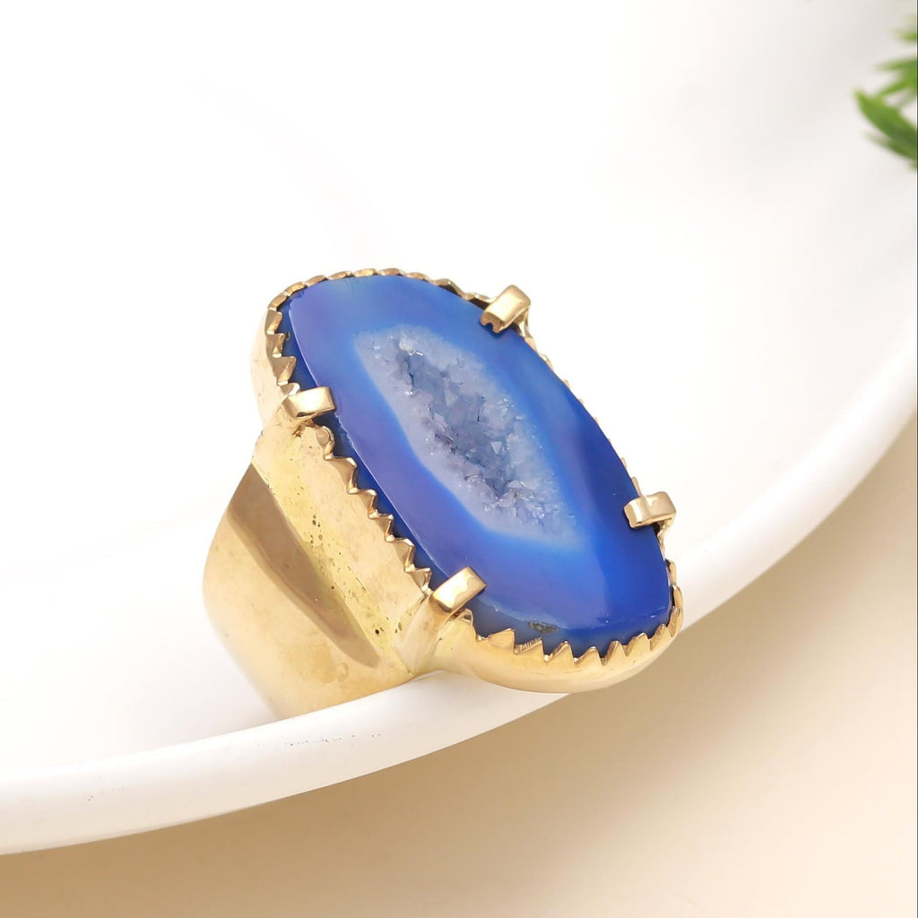 Blue Agate Geode Slice Ring with Drusy Centre