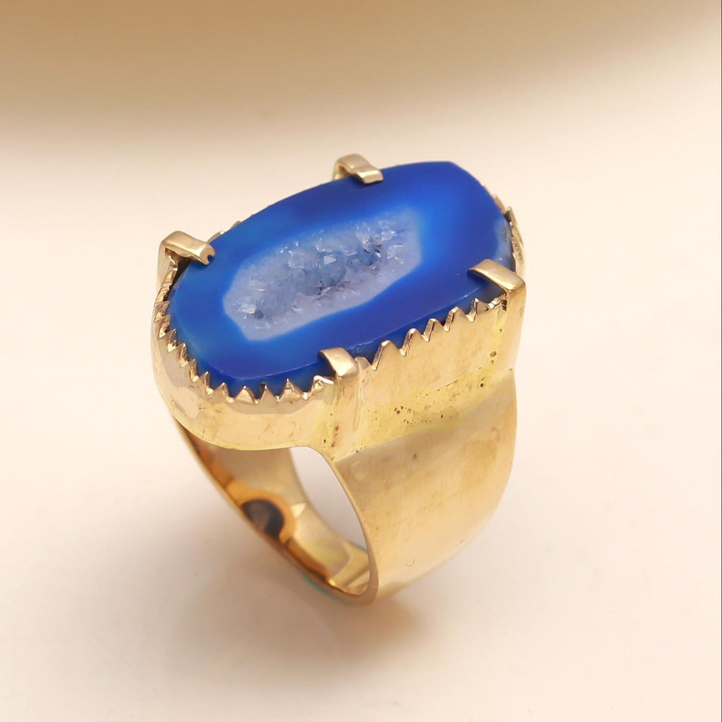Blue Agate Geode Slice Ring with Drusy Centre