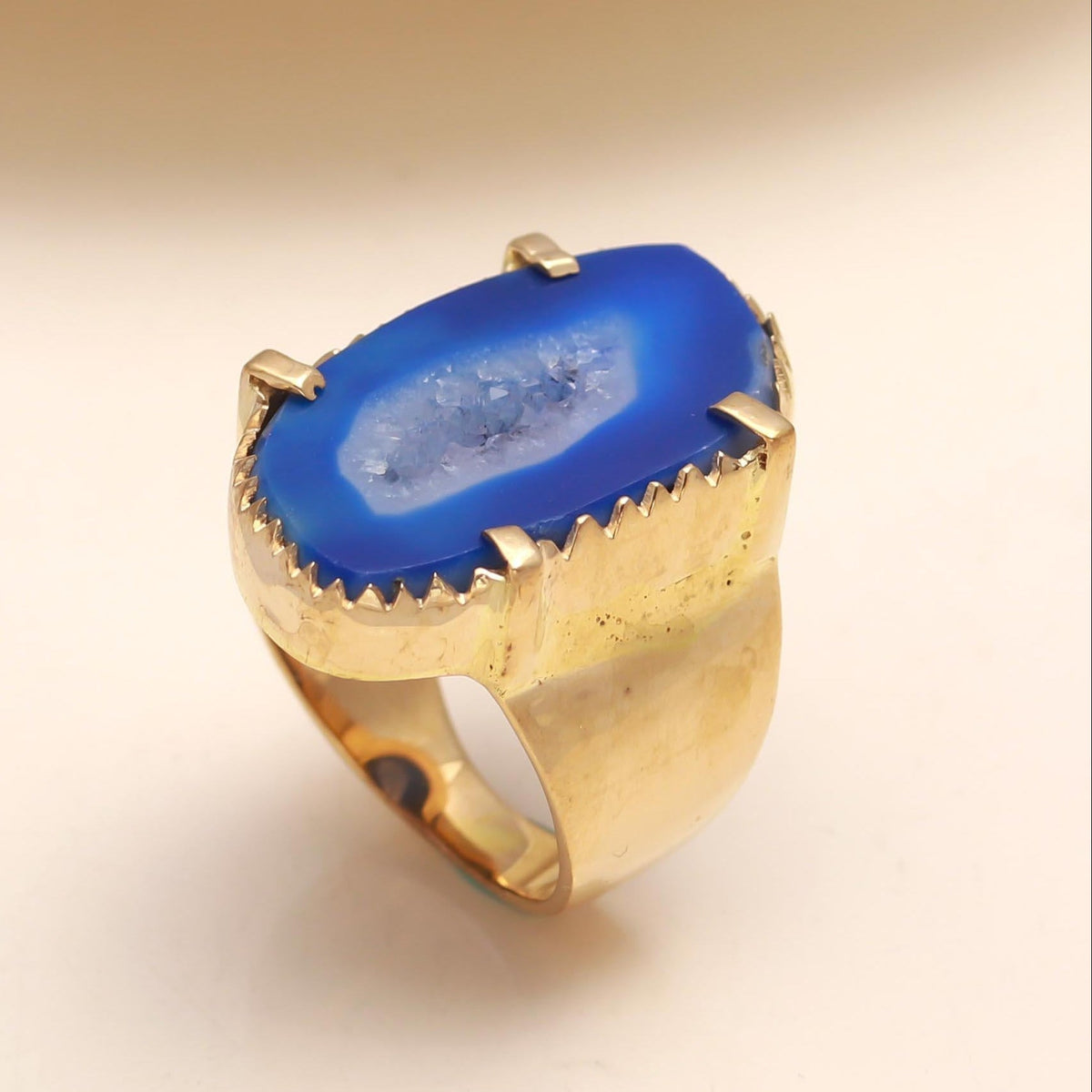 Blue Agate Geode Slice Ring with Drusy Centre