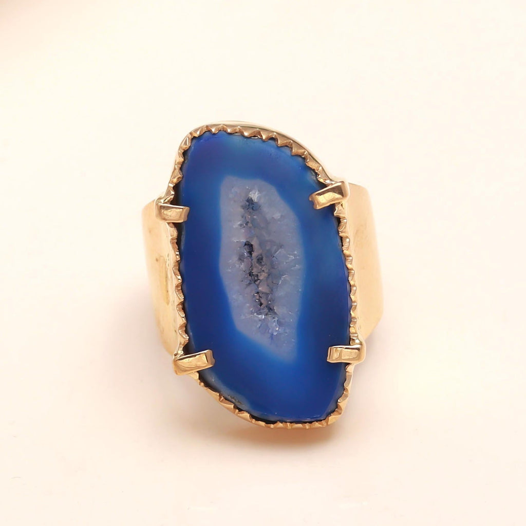 Blue Agate Geode Slice Ring with Drusy Centre