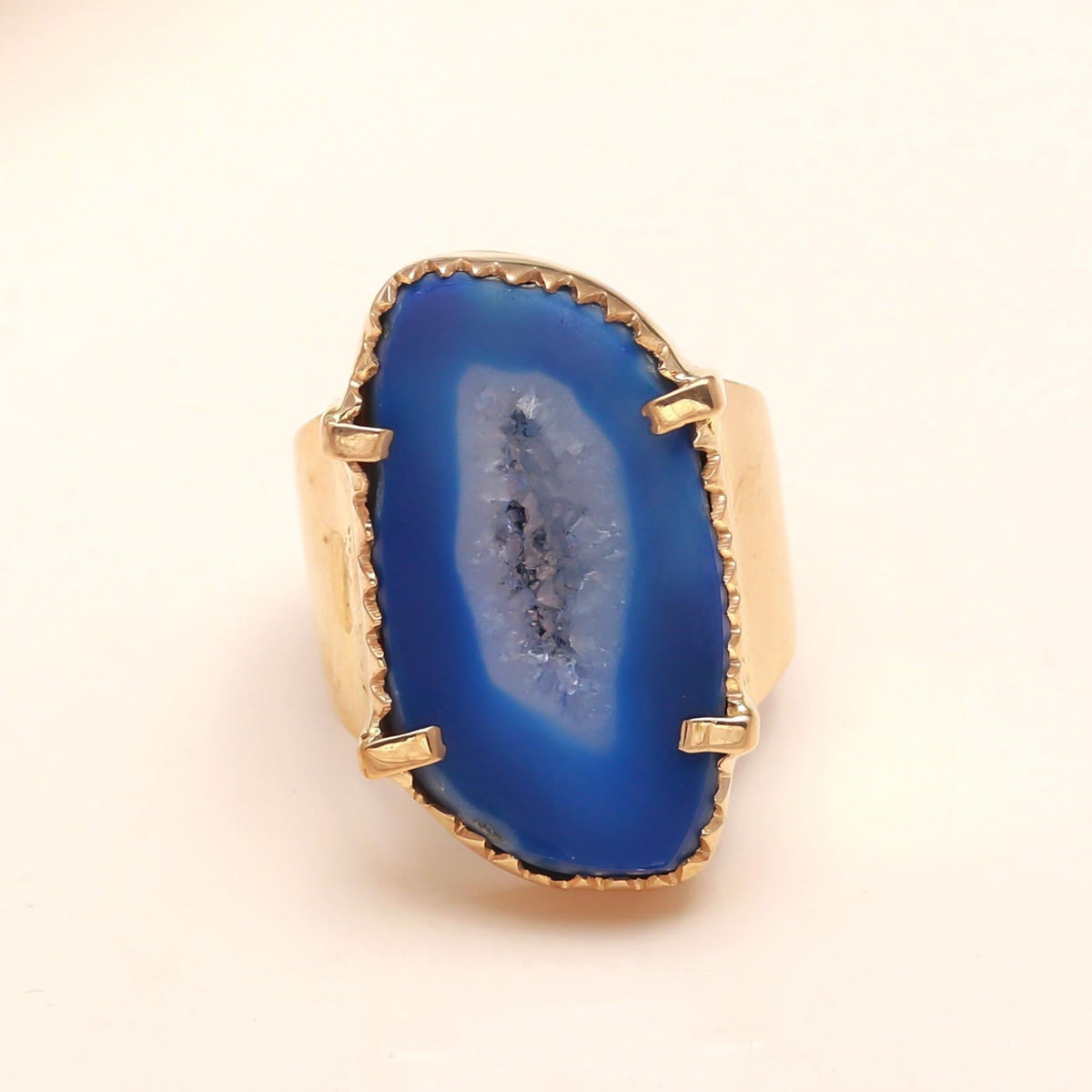 Blue Agate Geode Slice Ring with Drusy Centre