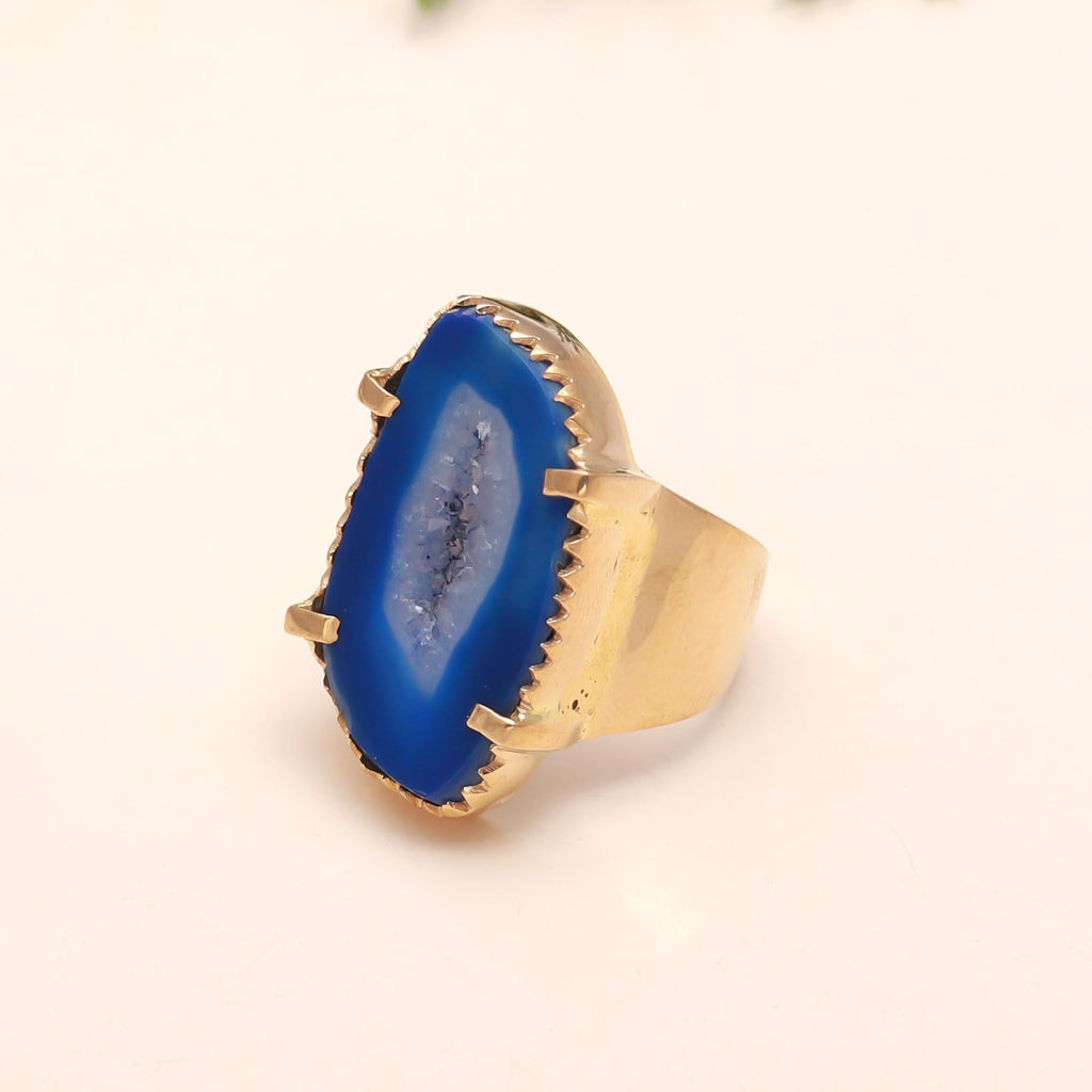 Blue Agate Geode Slice Ring with Drusy Centre
