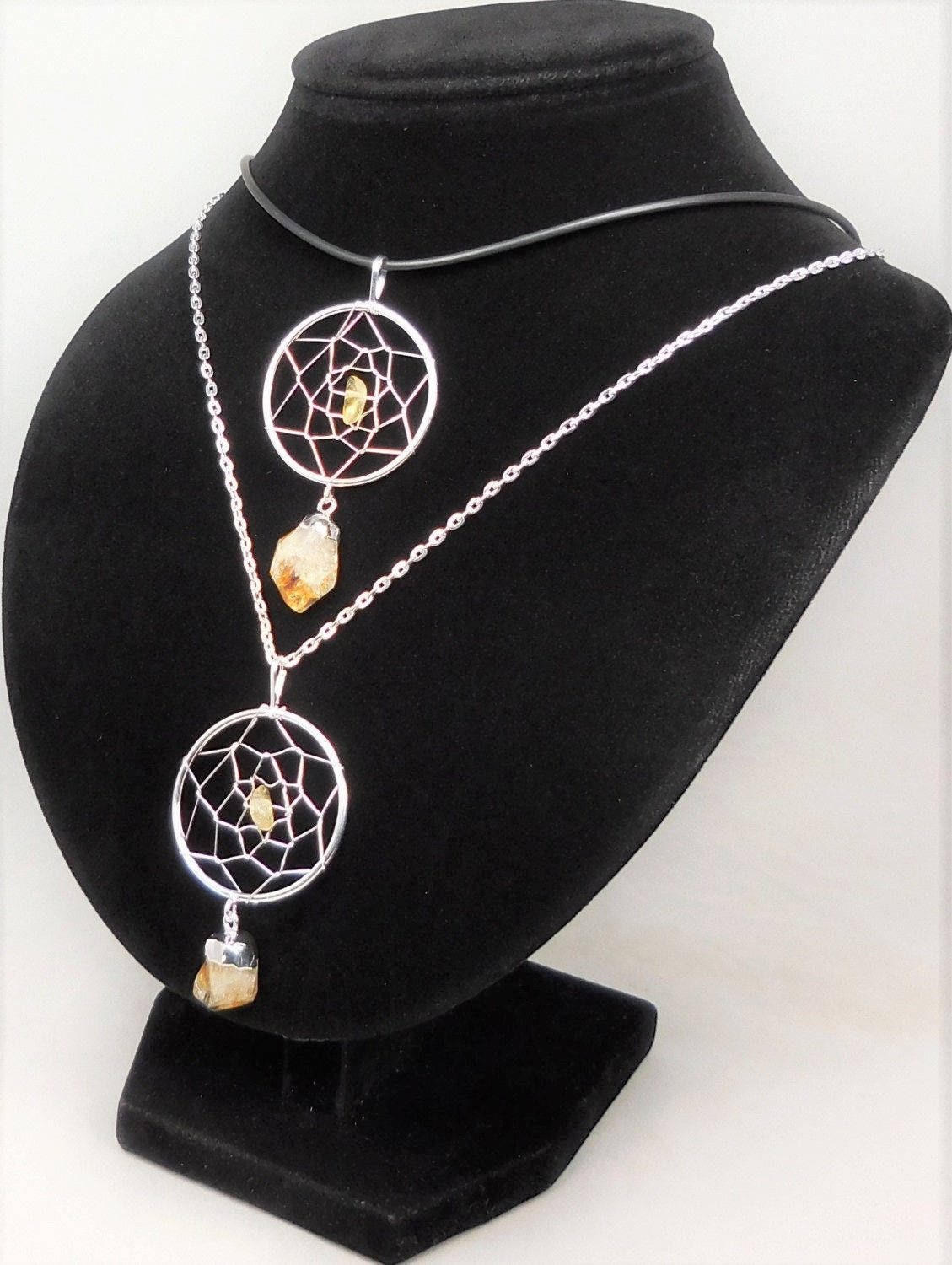 Dream Catcher Pendant with Citrine Crystal Point - Silver Plated