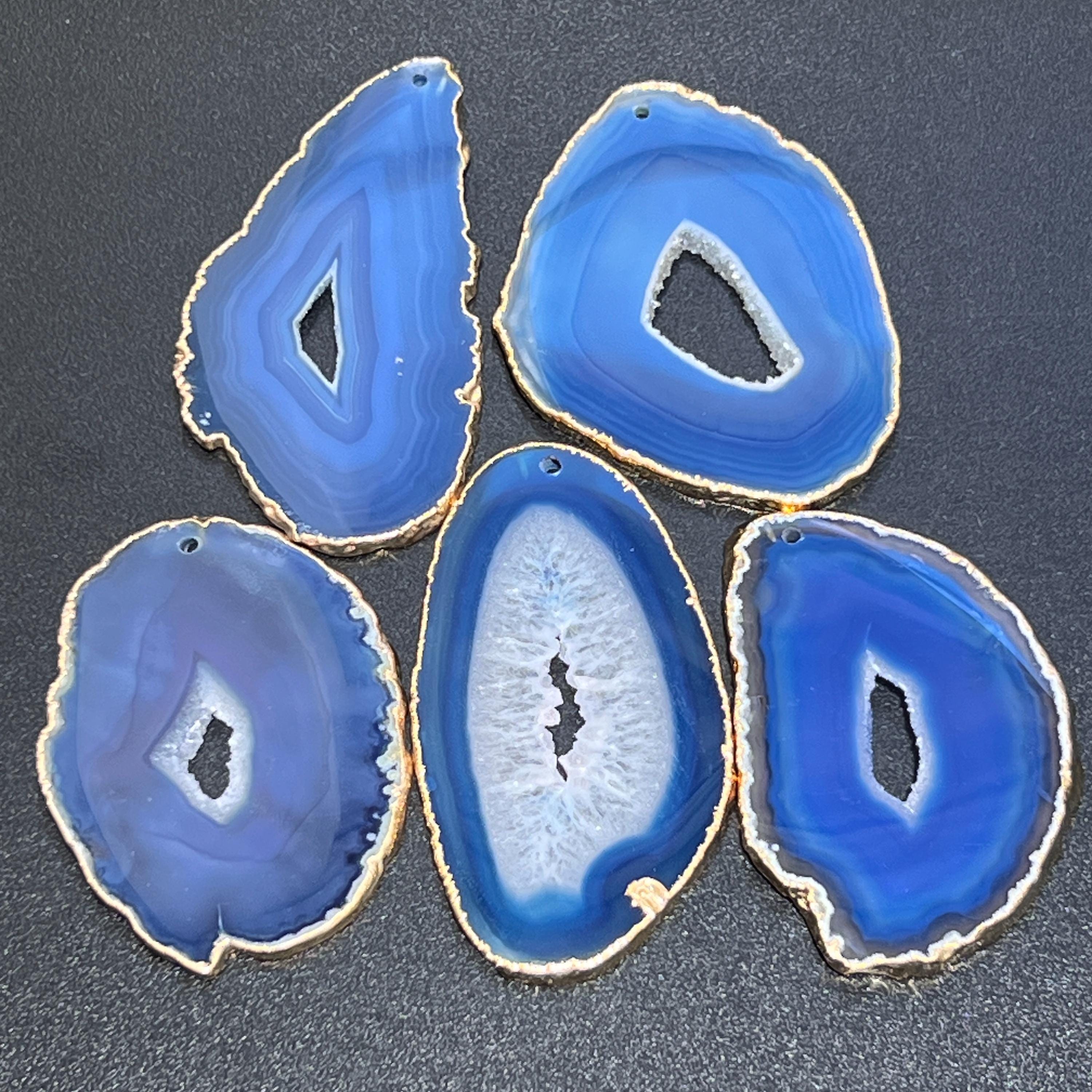 Blue Agate Slice with 2mm Drilled Holes - Gold Plated Edges