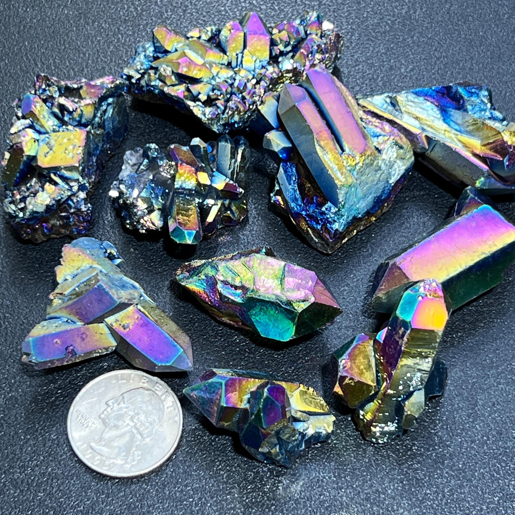 Titanium Aura Quartz Cluster, Rainbow Coated Crystal Specimen, 1–2 in — Brazil