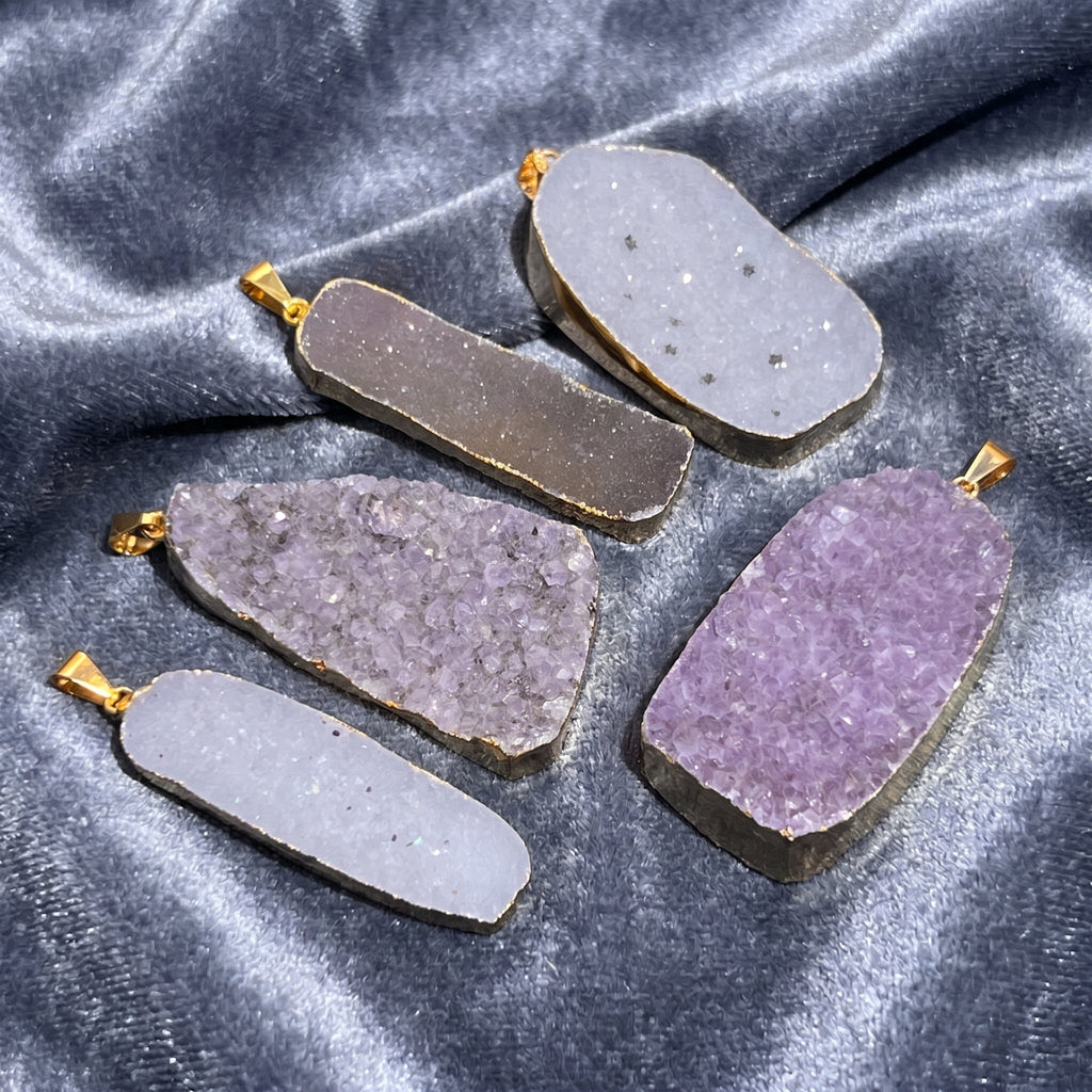 Agate & Amethyst Druzy Pendants - Gold Plated, Set