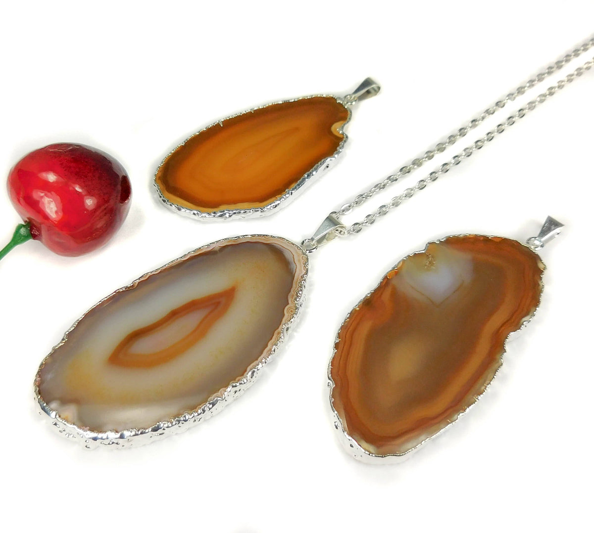 Brown Agate Slice Pendant - Silver Plated Edge