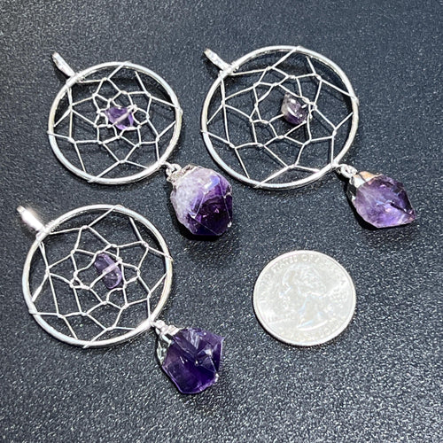 Amethyst Dreamcatcher Pendant (Silver Plated) Crystal Necklace