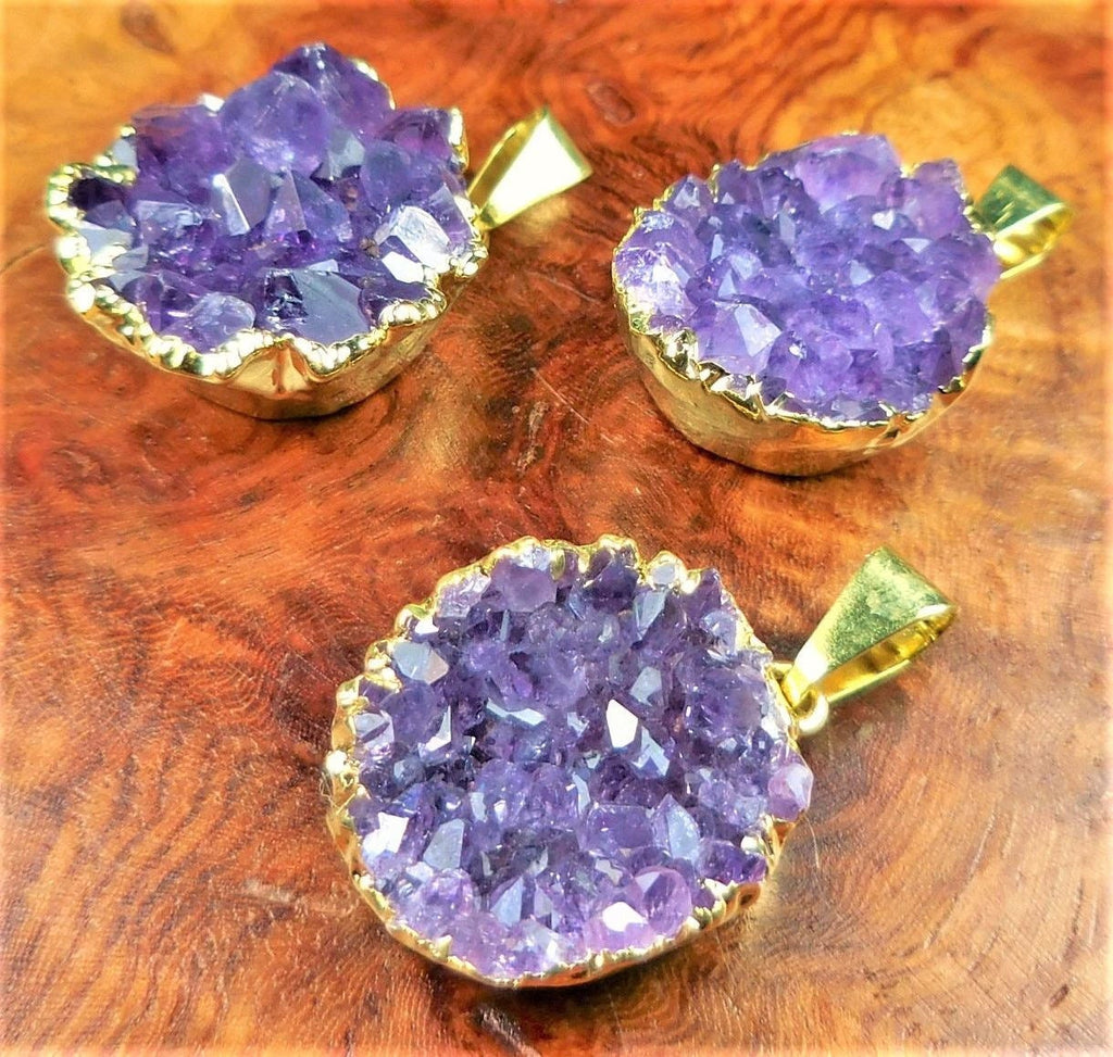 Petite Druzy Amethyst Crystal Cluster Necklace Pendant - Gold Plated Edges