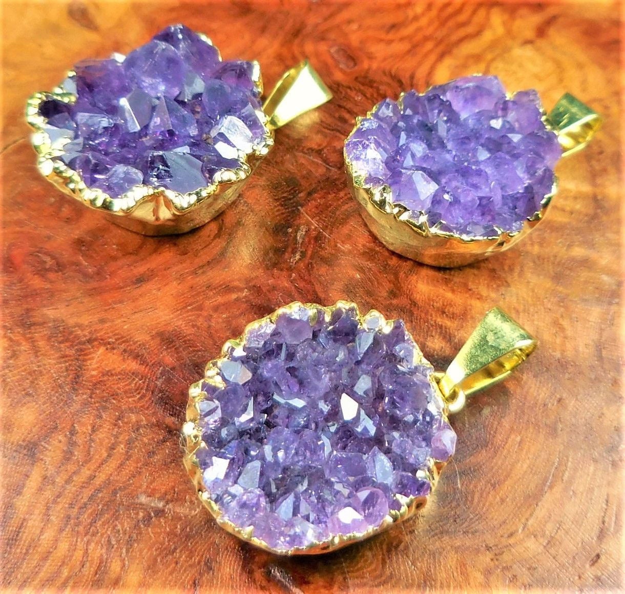 Petite Druzy Amethyst Crystal Cluster Necklace Pendant - Gold Plated Edges