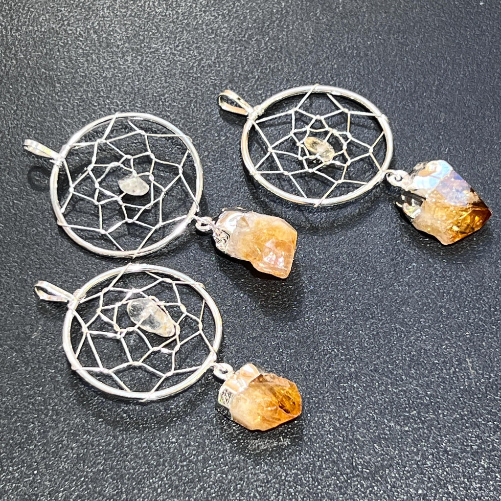 Dream Catcher Pendant with Citrine Crystal Point - Silver Plated