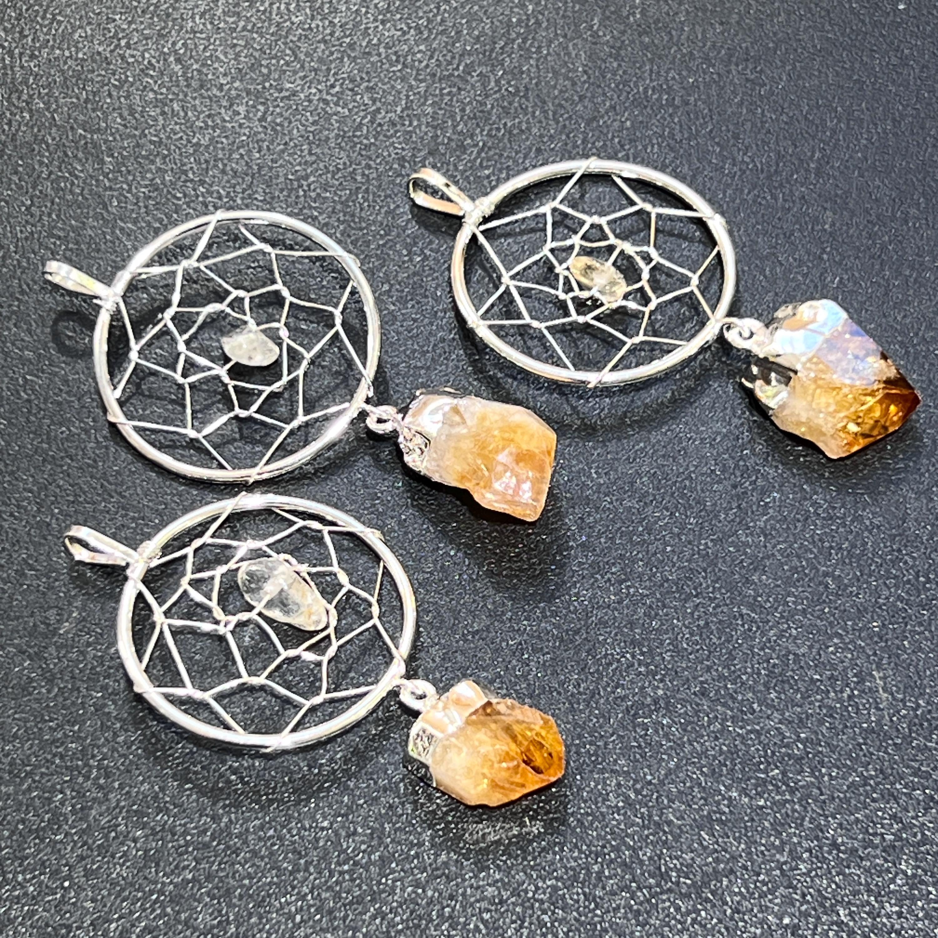 Dream Catcher Pendant with Citrine Crystal Point - Silver Plated