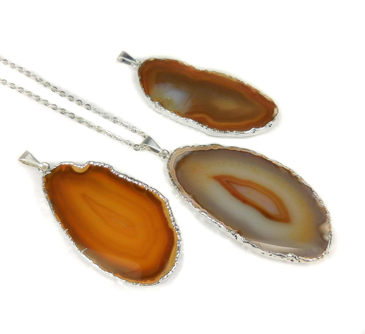 Brown Agate Slice Pendant - Silver Plated Edge