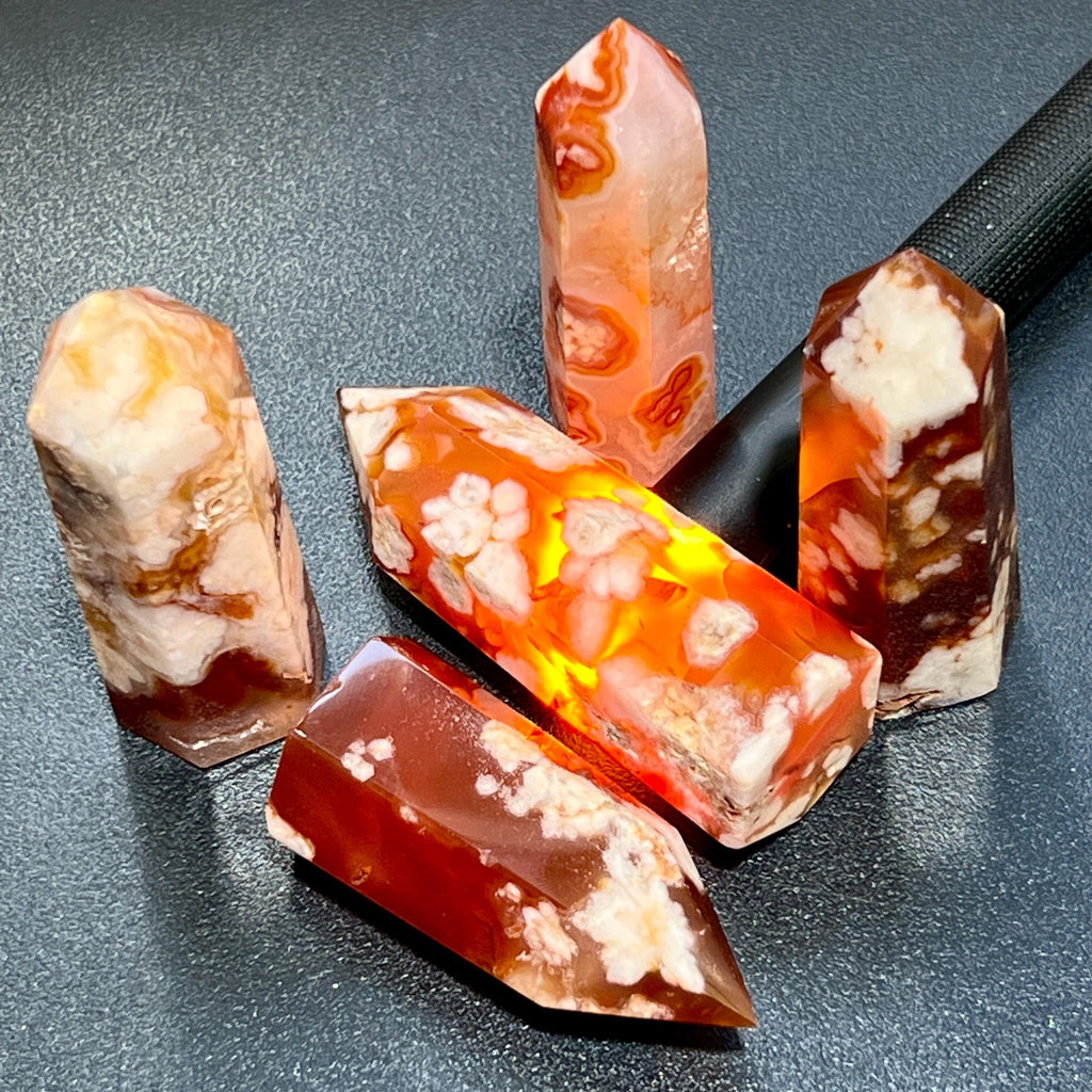 Red Carnelian Flower Agate Carved Point Standing Towers