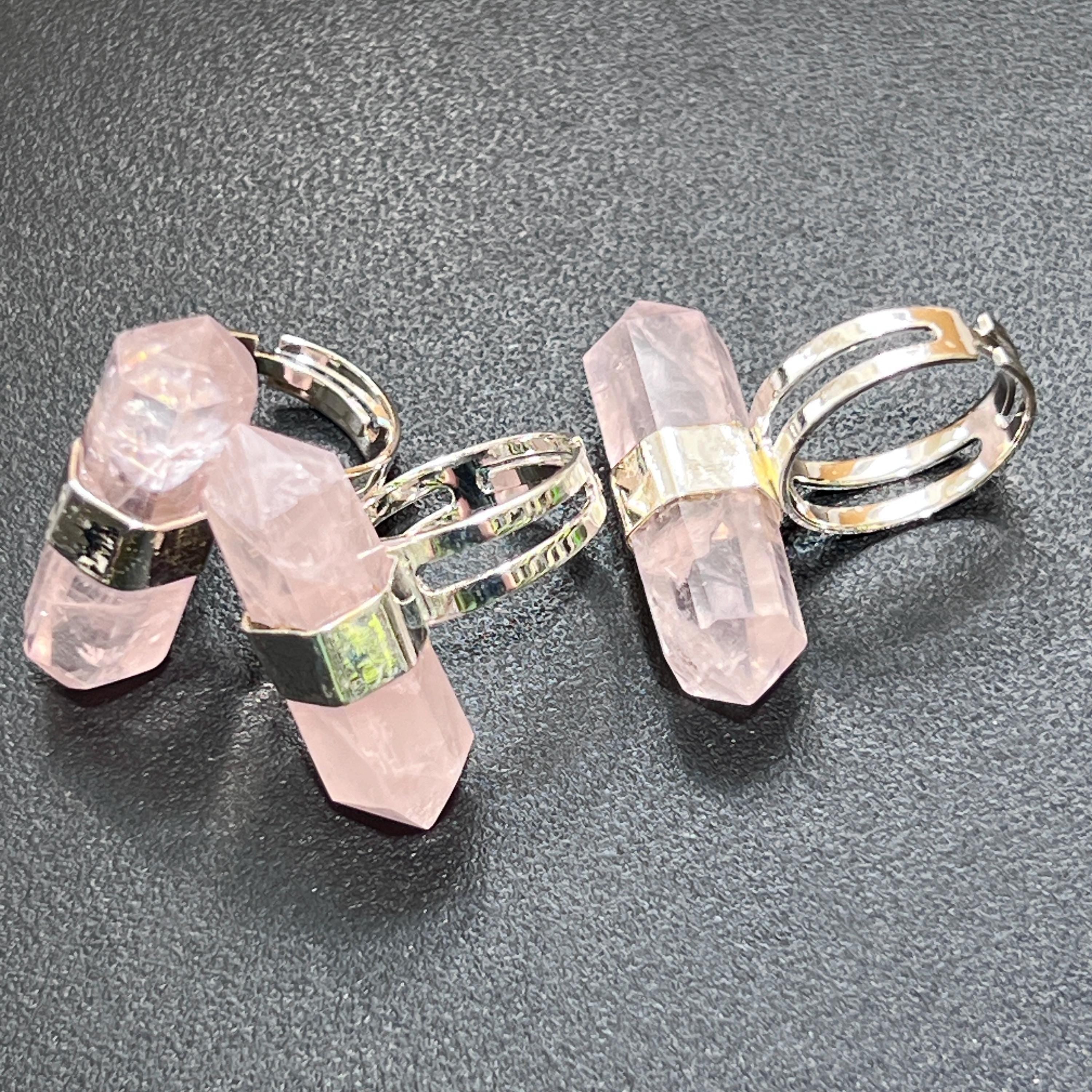 Adjustable Pink Rose Quartz Crystal Ring (Silver Plated)