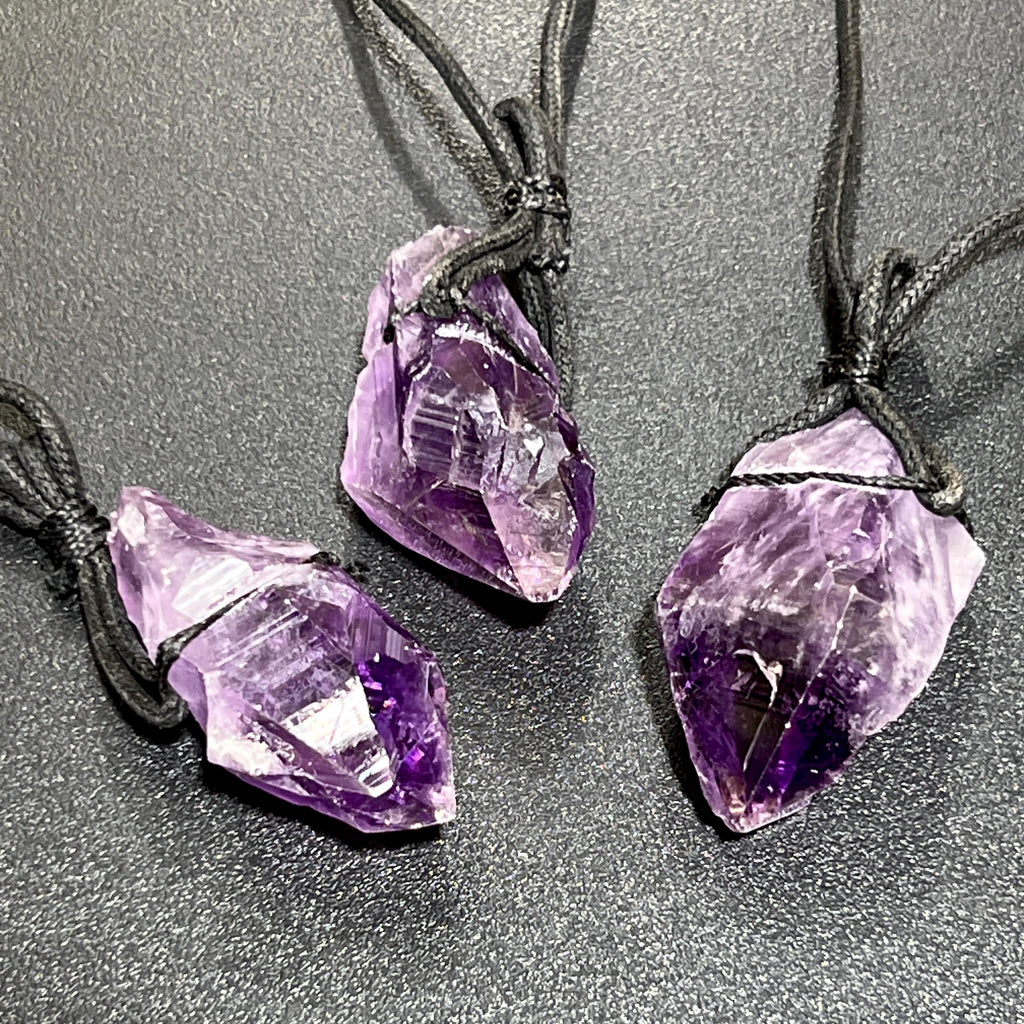 Large Dark Amethyst Crystal Raw Point Necklace (24" Black Cord)