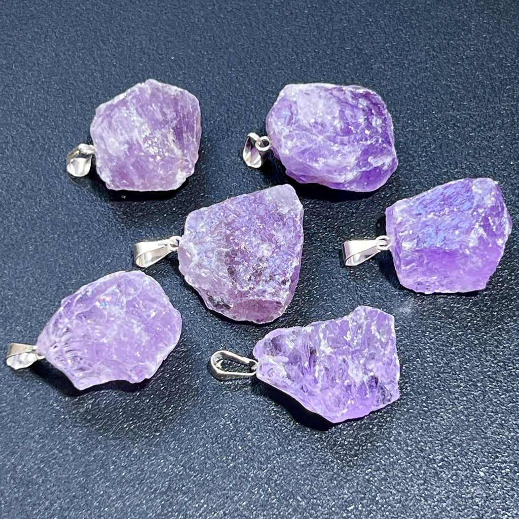 Amethyst Crystal Rough Raw Pendant - Silver Bail