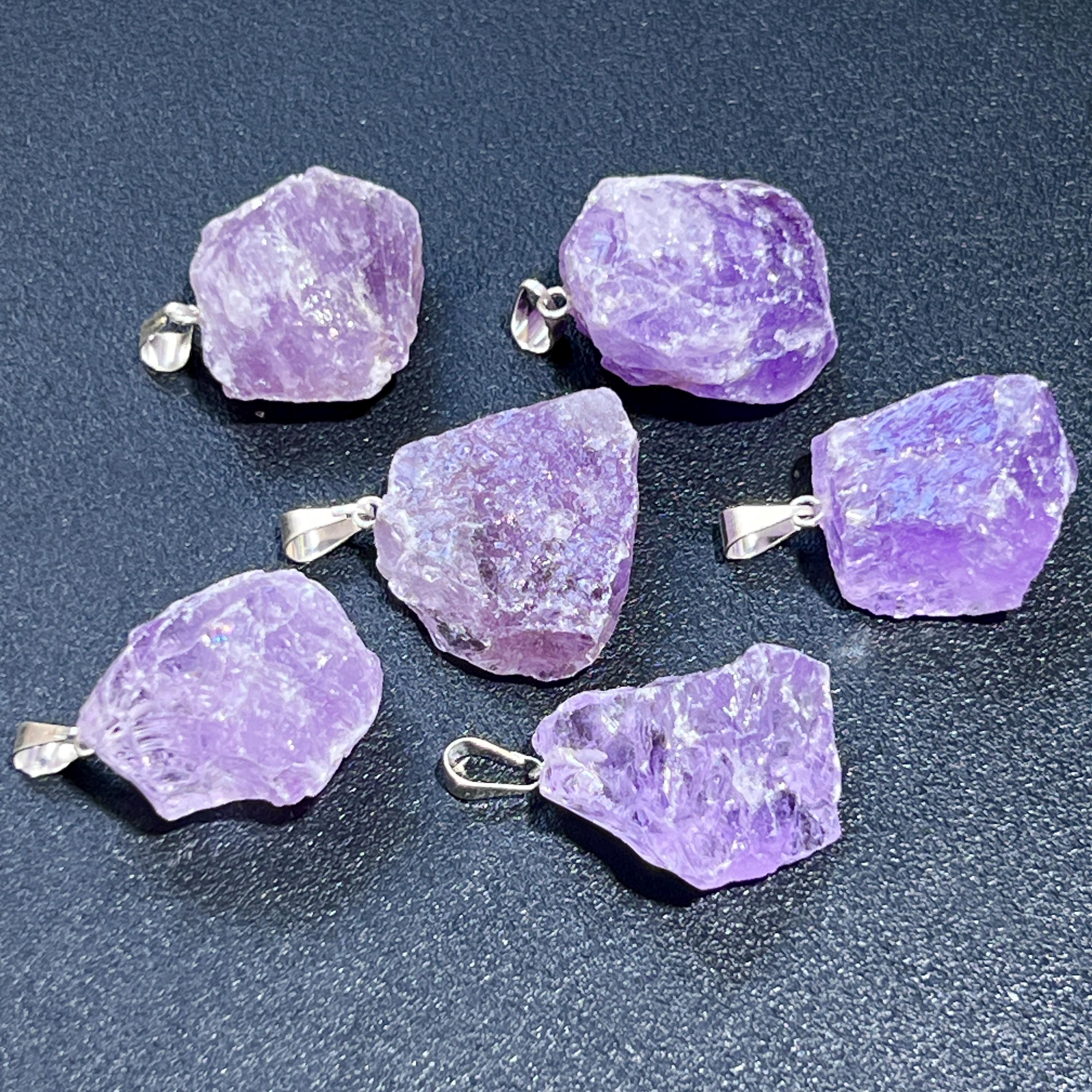 Amethyst Crystal Rough Raw Pendant - Silver Bail