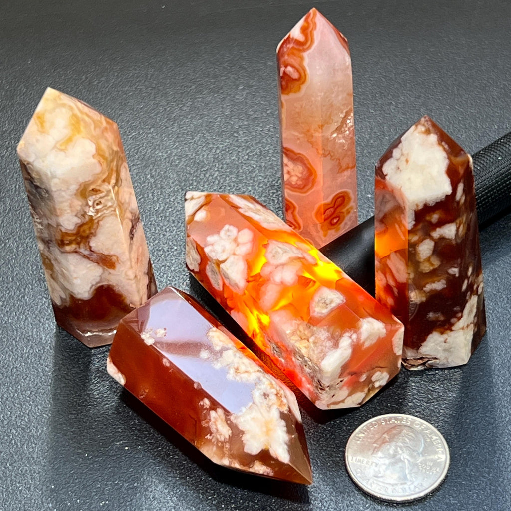 Red Carnelian Flower Agate Carved Point Standing Towers