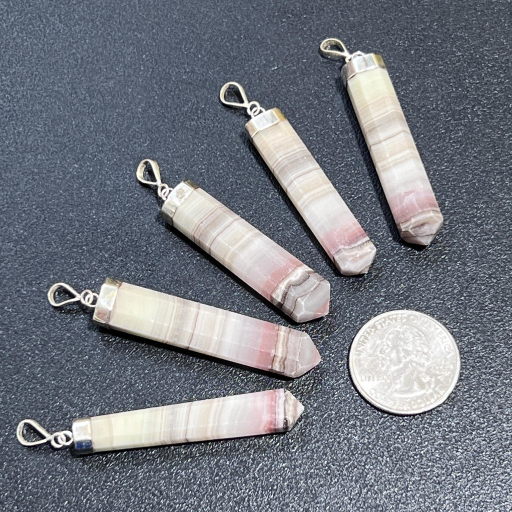 Pink Banded Calcite Faceted Point Pendant (925 Sterling Silver)