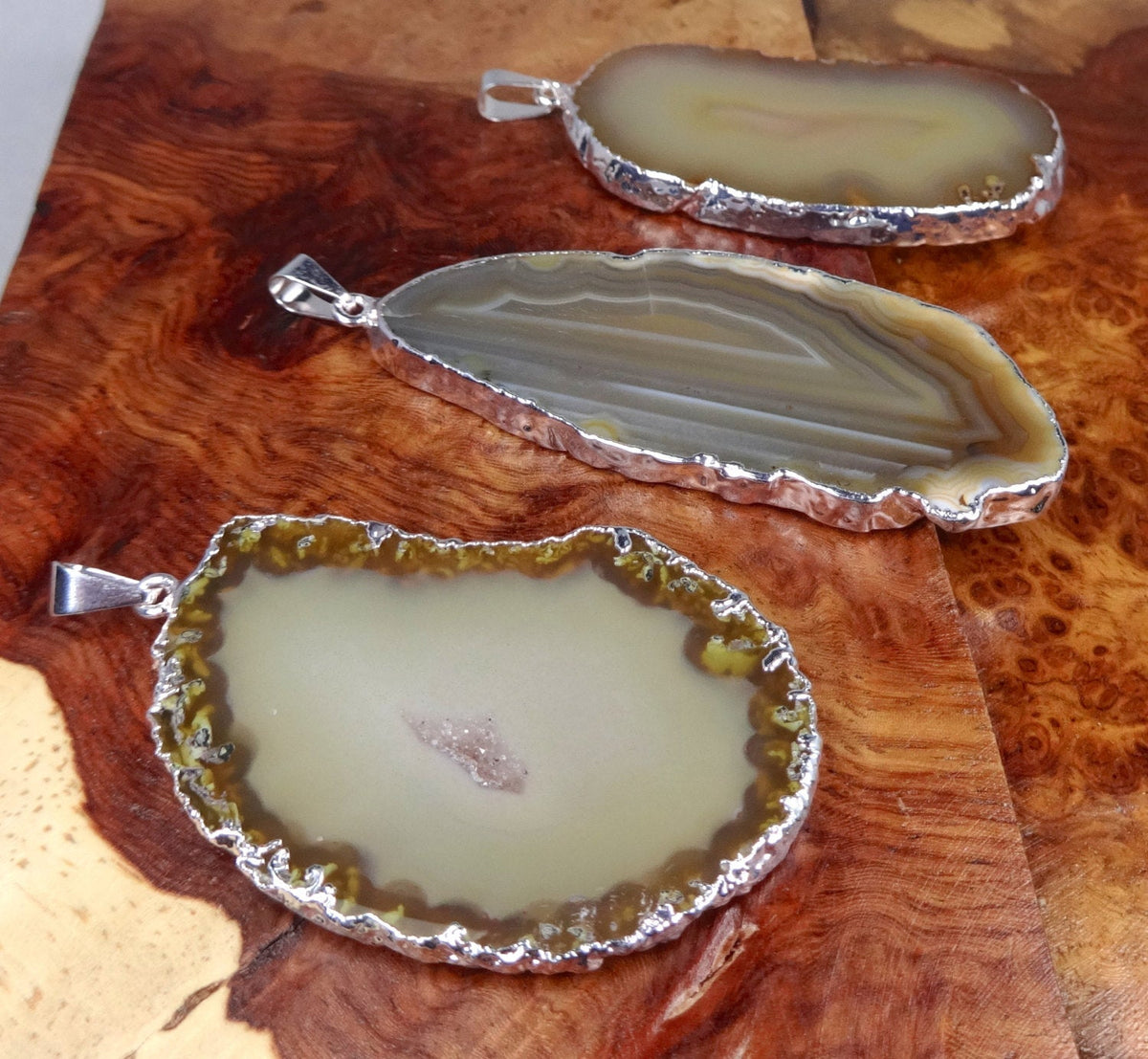 Brown Agate Slice Pendant - Silver Plated Edge